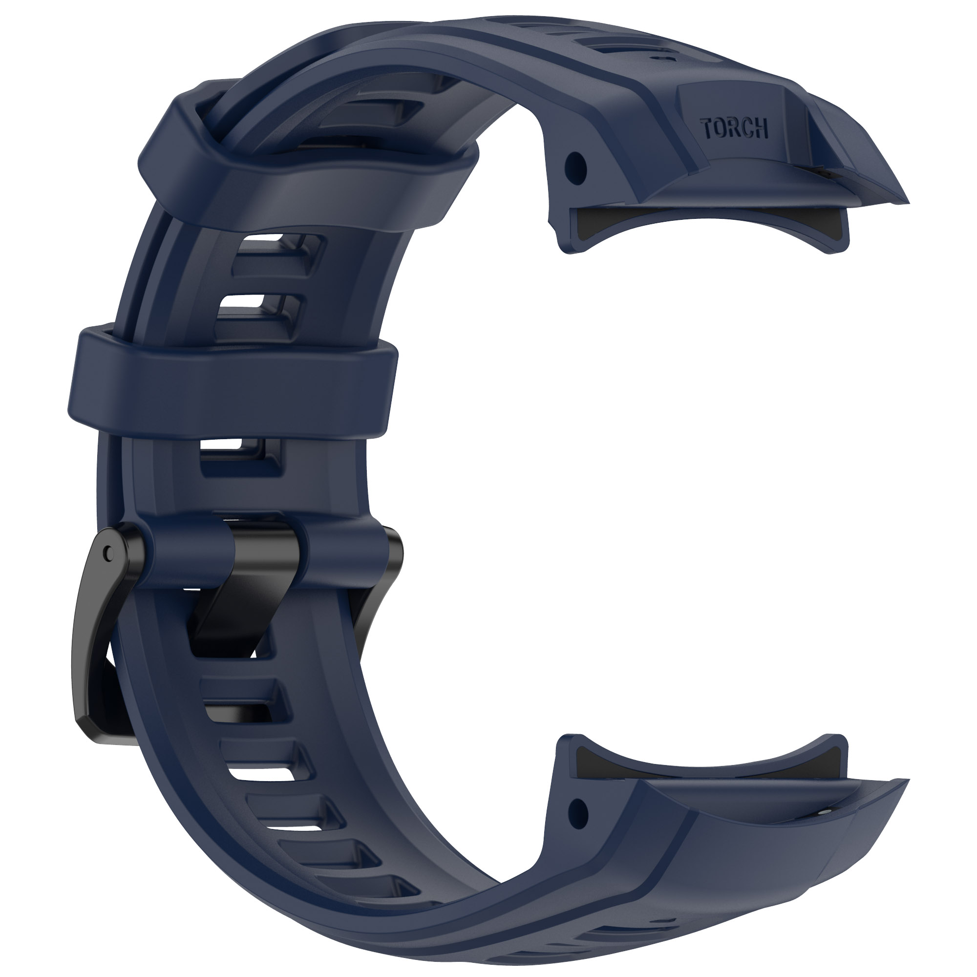 Cinturino blu scuro con etichetta 'TORCH' e fibbia nera.