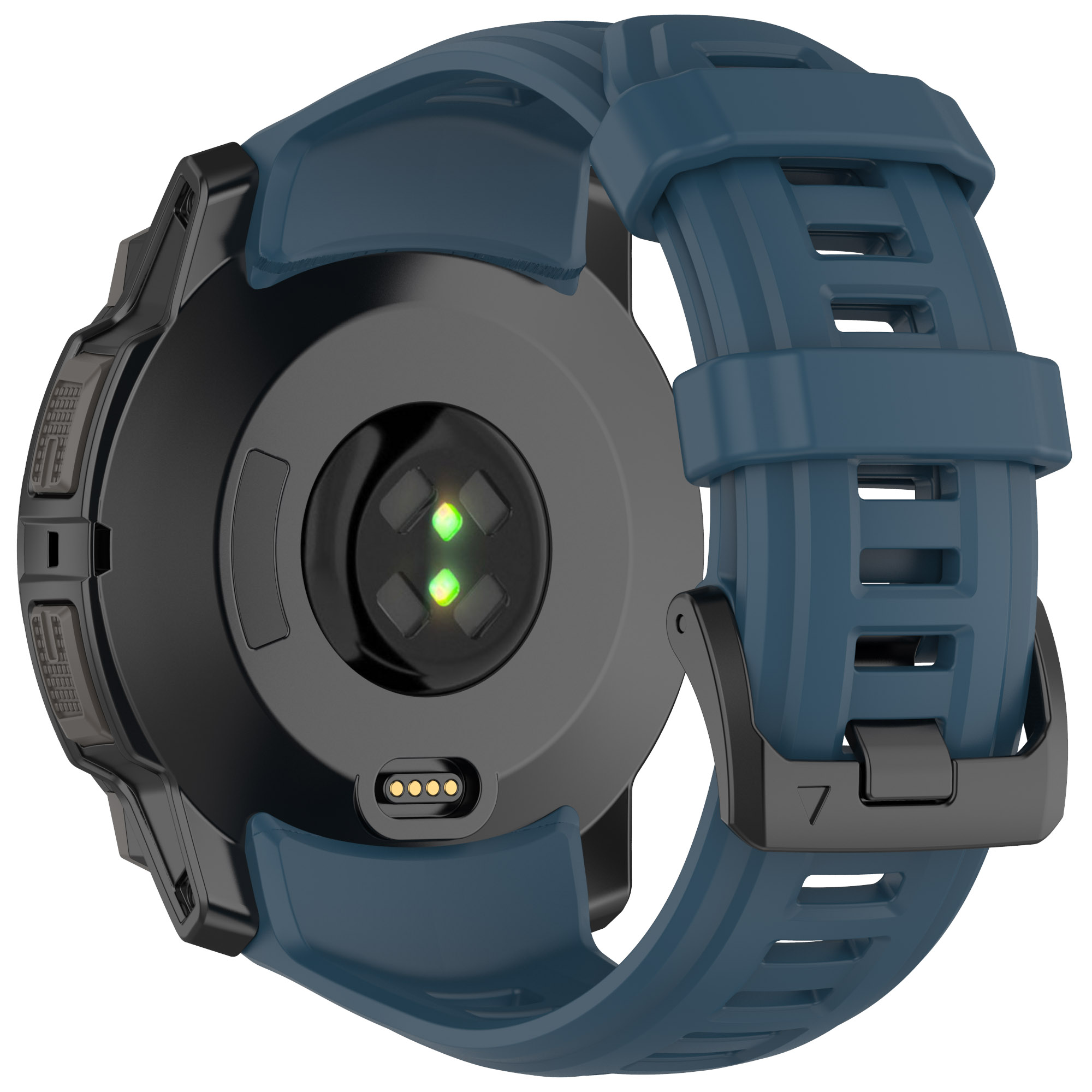 Retro di uno smartwatch con cinturino blu. Include sensore di frequenza cardiaca e punti di ricarica.