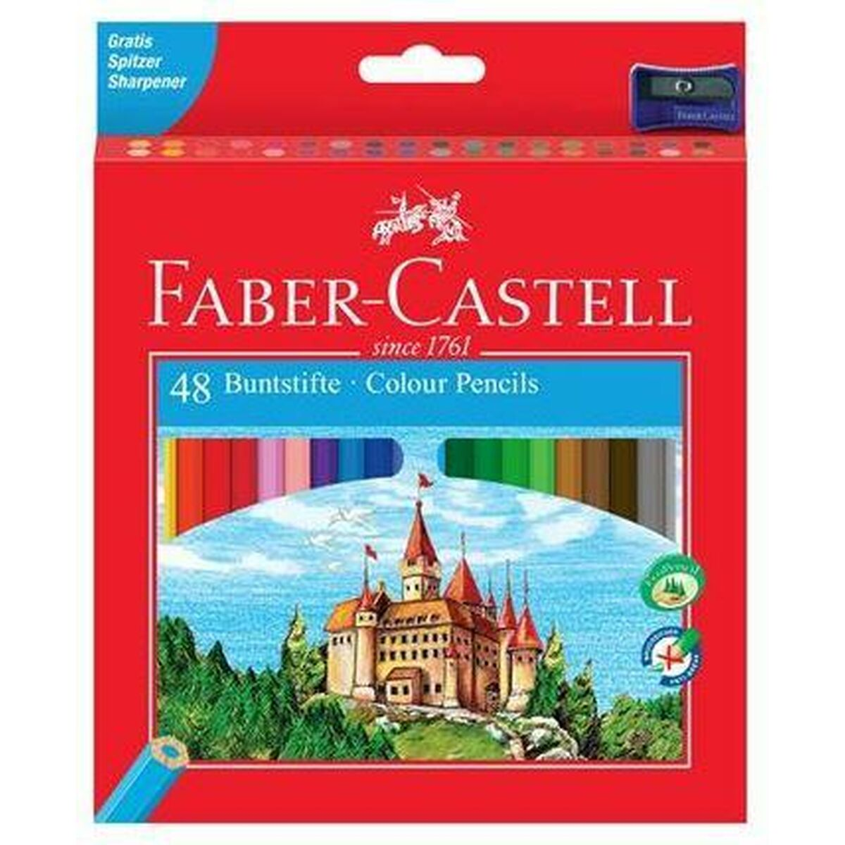 Schachtel mit Faber-Castell Buntstiften. Die Schachtel ist rot mit einer Burgillustration.