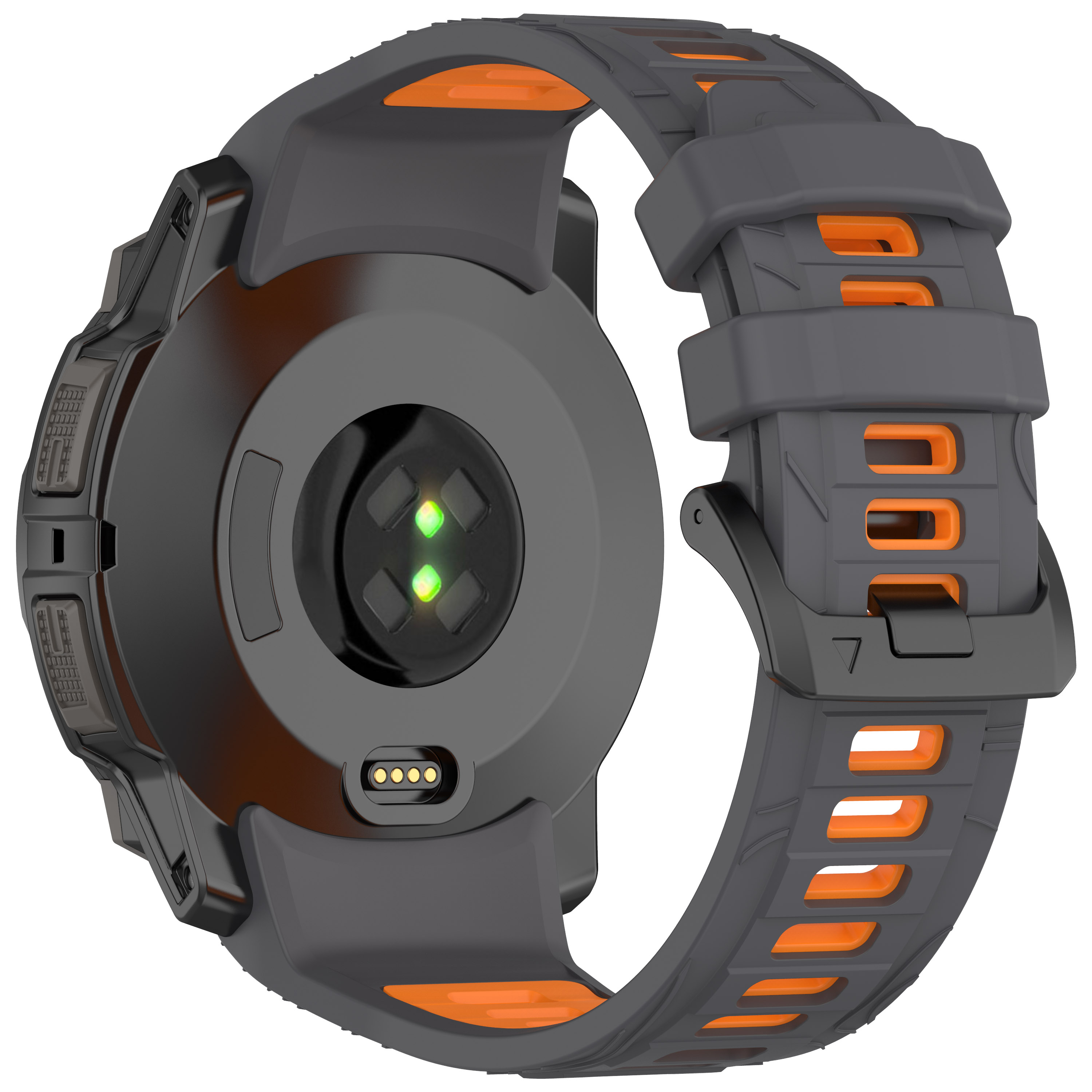 Rückansicht einer Smartwatch. Schwarzes Gehäuse, orangefarbene Akzente und ein graues Armband. Grünes Licht.