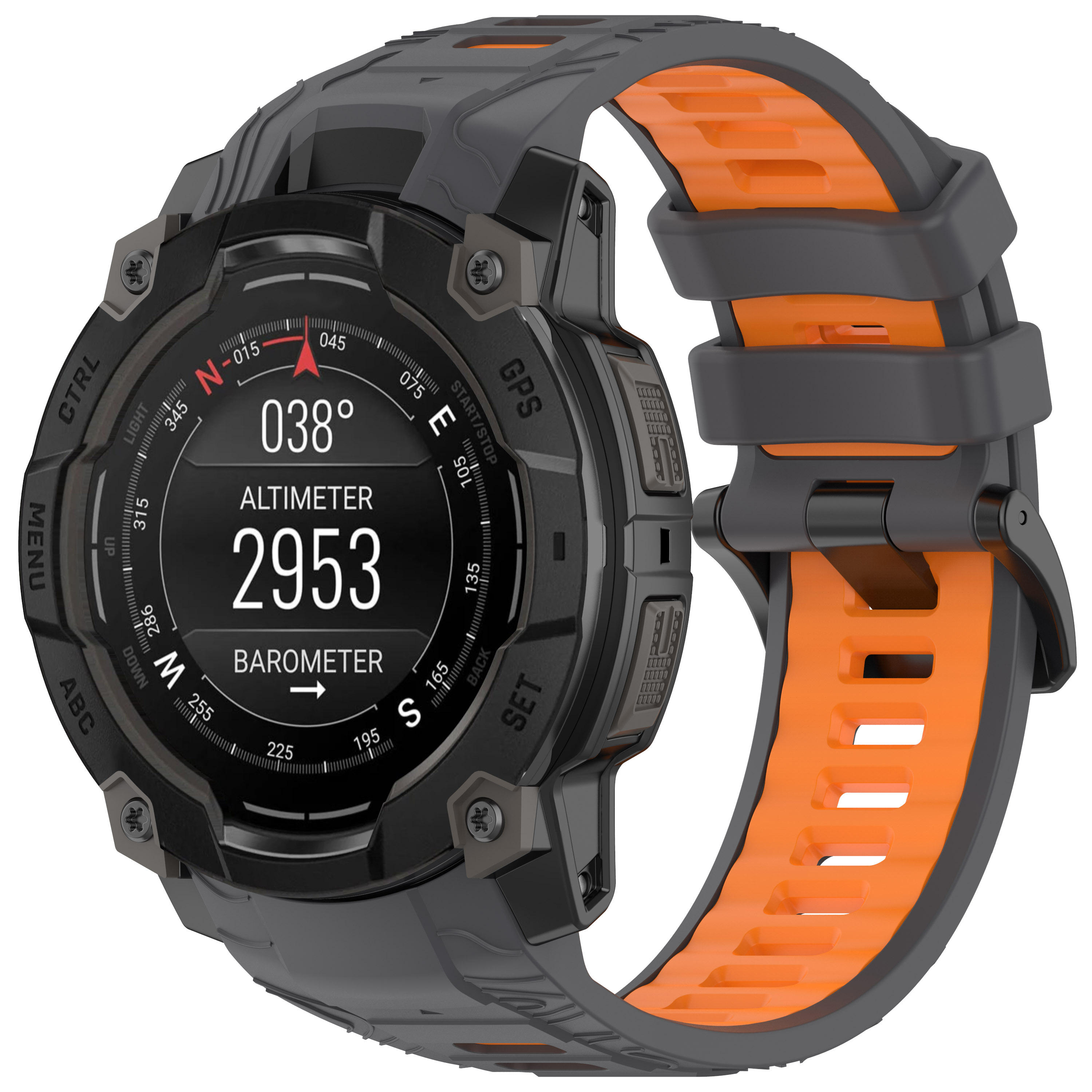Eine schwarz-orangefarbene Smartwatch mit einem Display, das Höhe, Barometer und Kompass anzeigt.