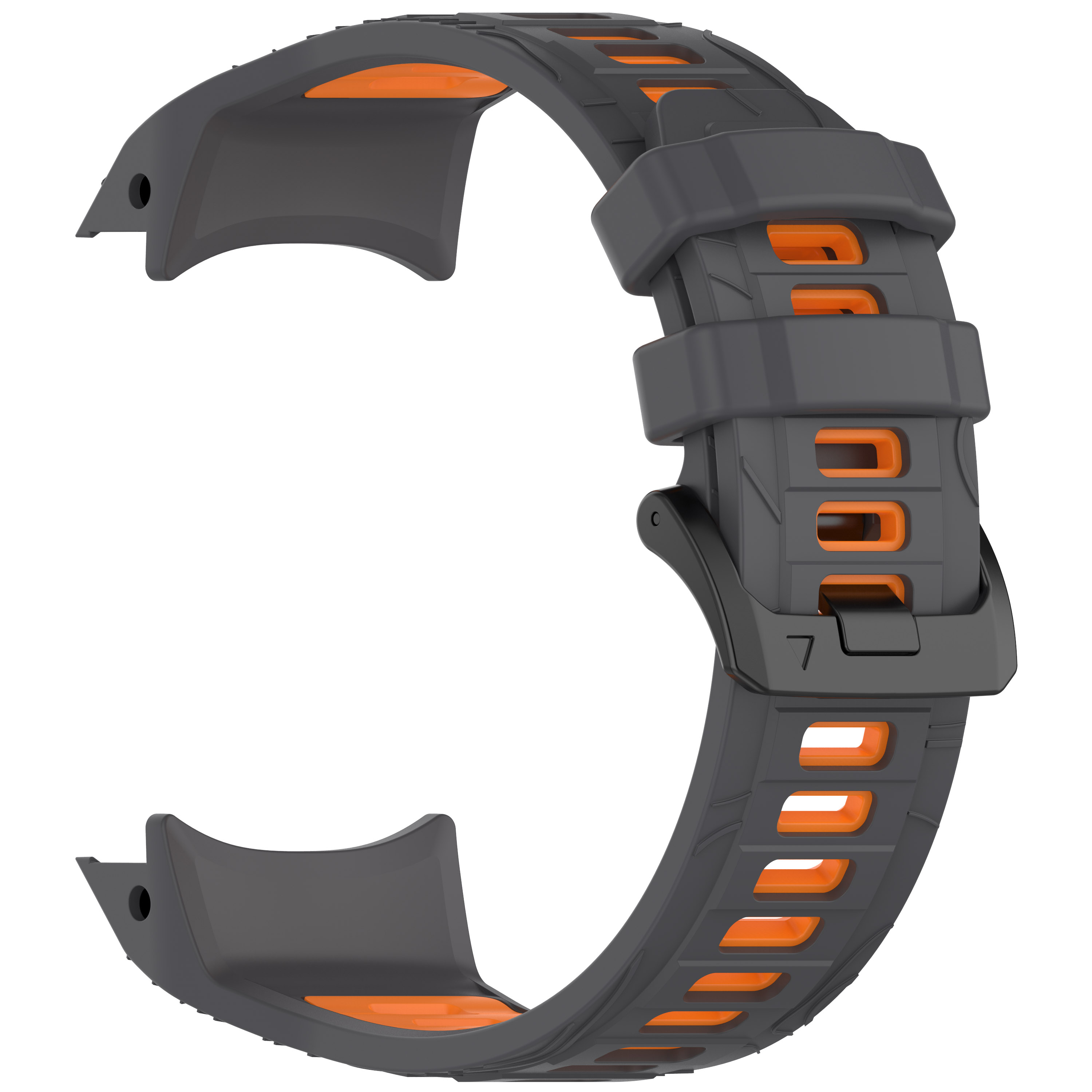 Dunkelgraues und oranges Armband. Das Band hat Löcher und eine Schnalle.