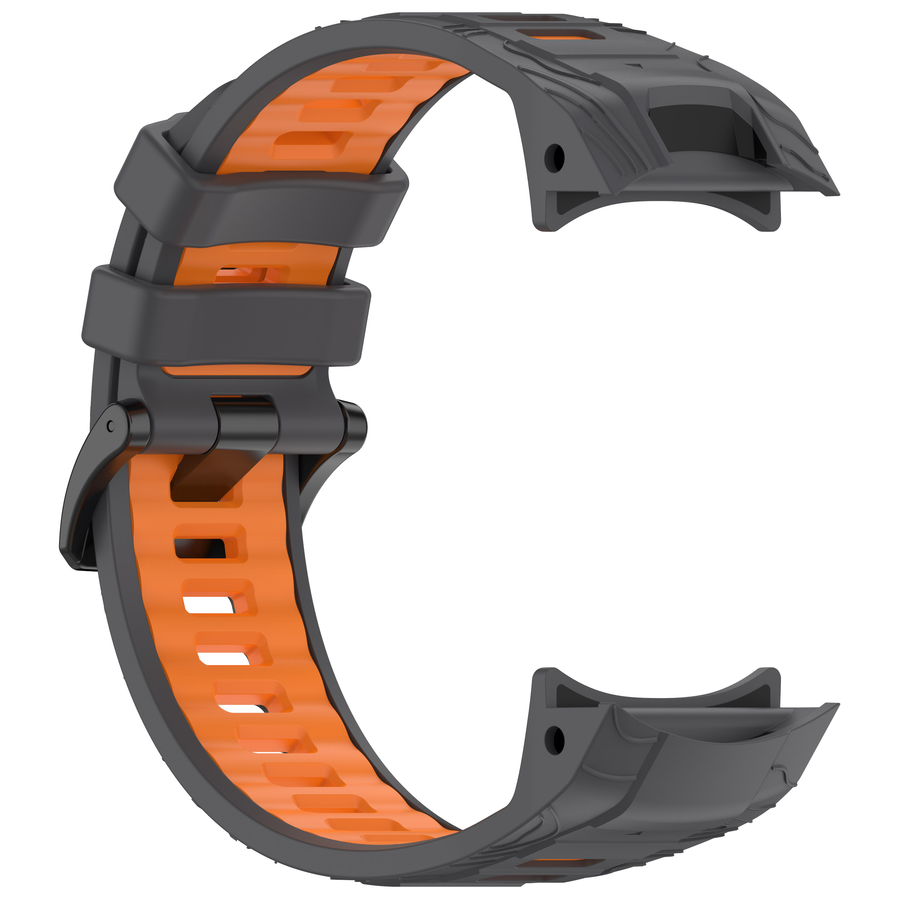 Schwarz-oranges Uhrenarmband. Es hat ein sportliches Design mit einem sicheren Verschluss.