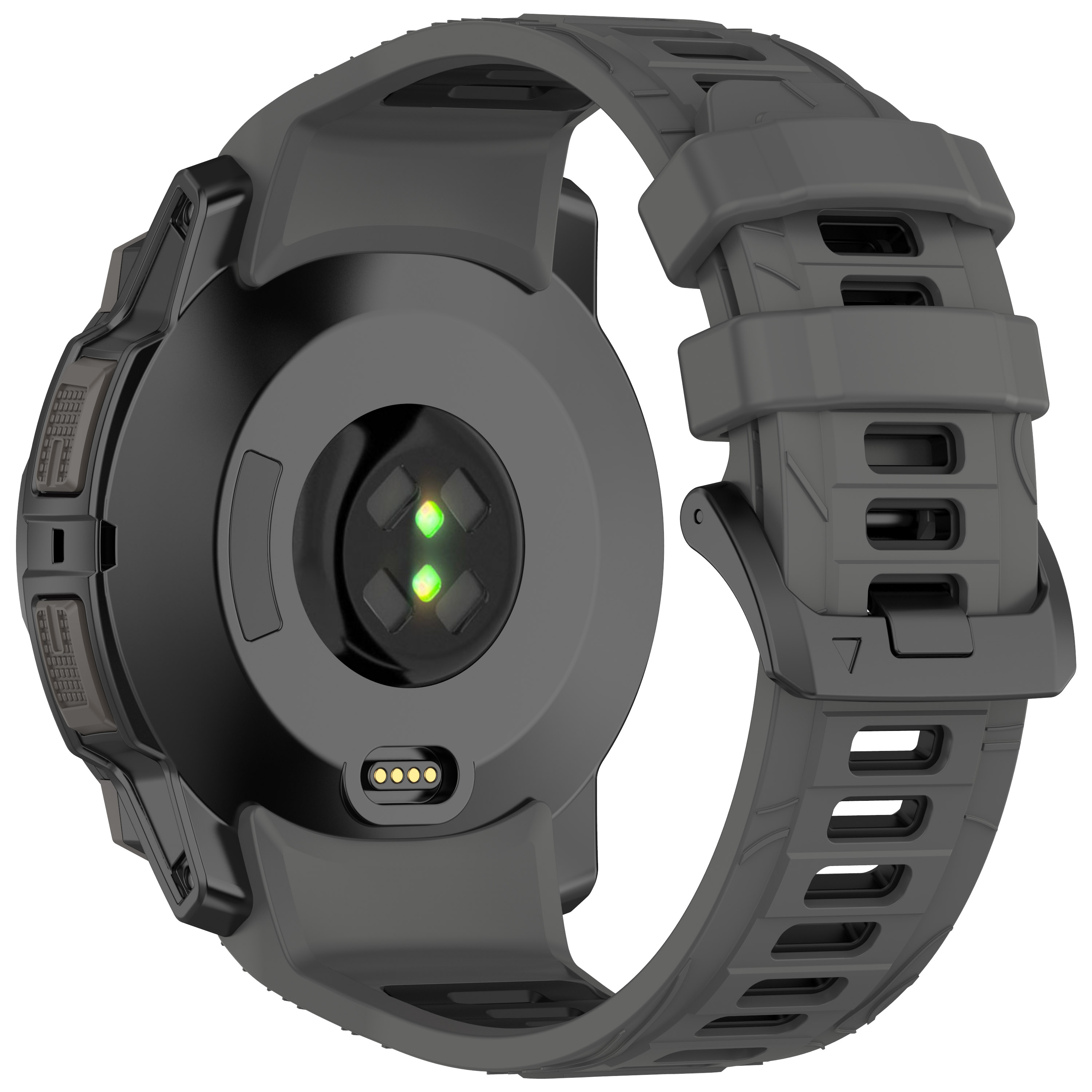 Eine schwarze Smartwatch mit dunkelgrauem Armband. Die Rückseite hat grüne Lichtsensoren und Ladepunkte.