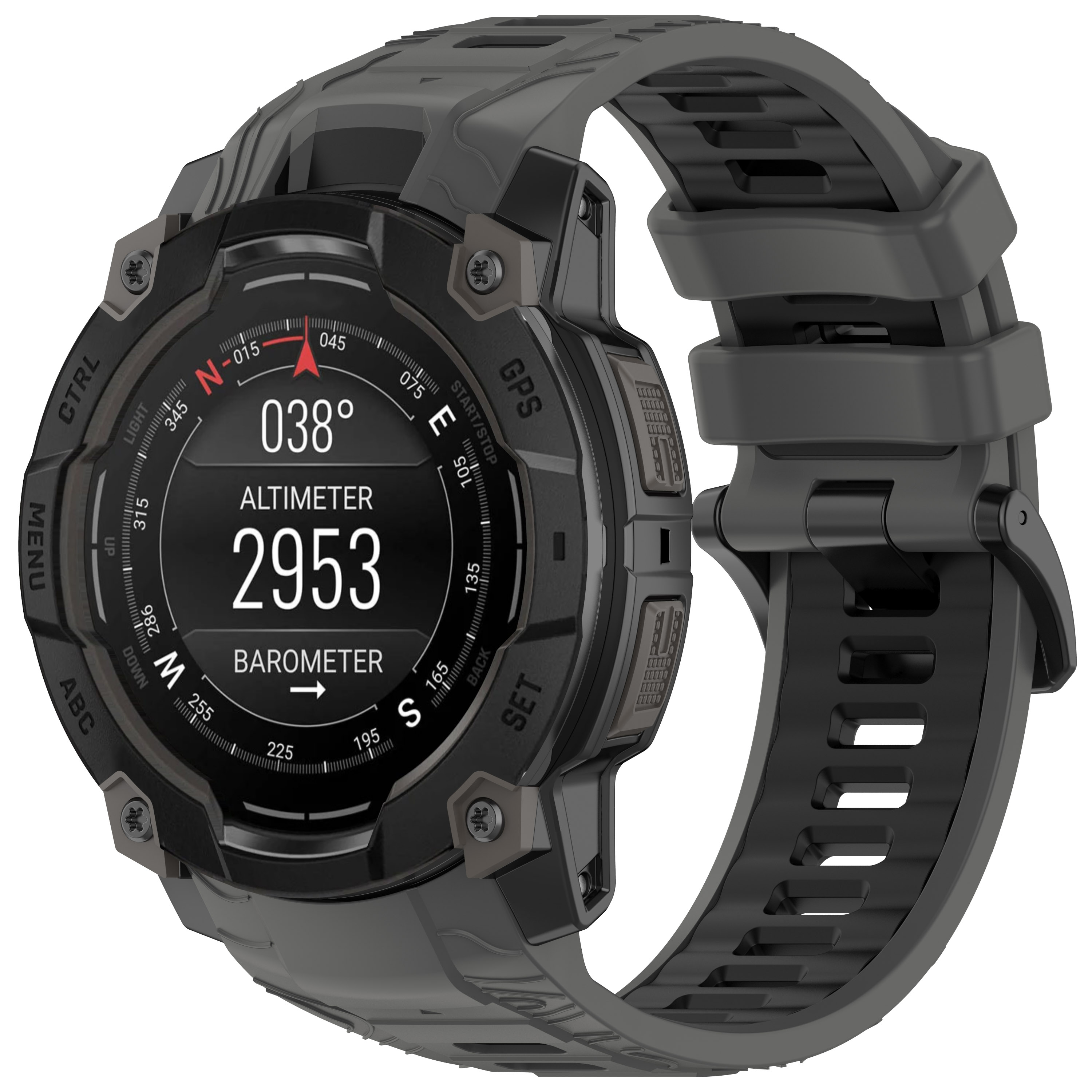 Schwarze Smartwatch mit grauem Armband, zeigt Informationen auf dem Bildschirm.