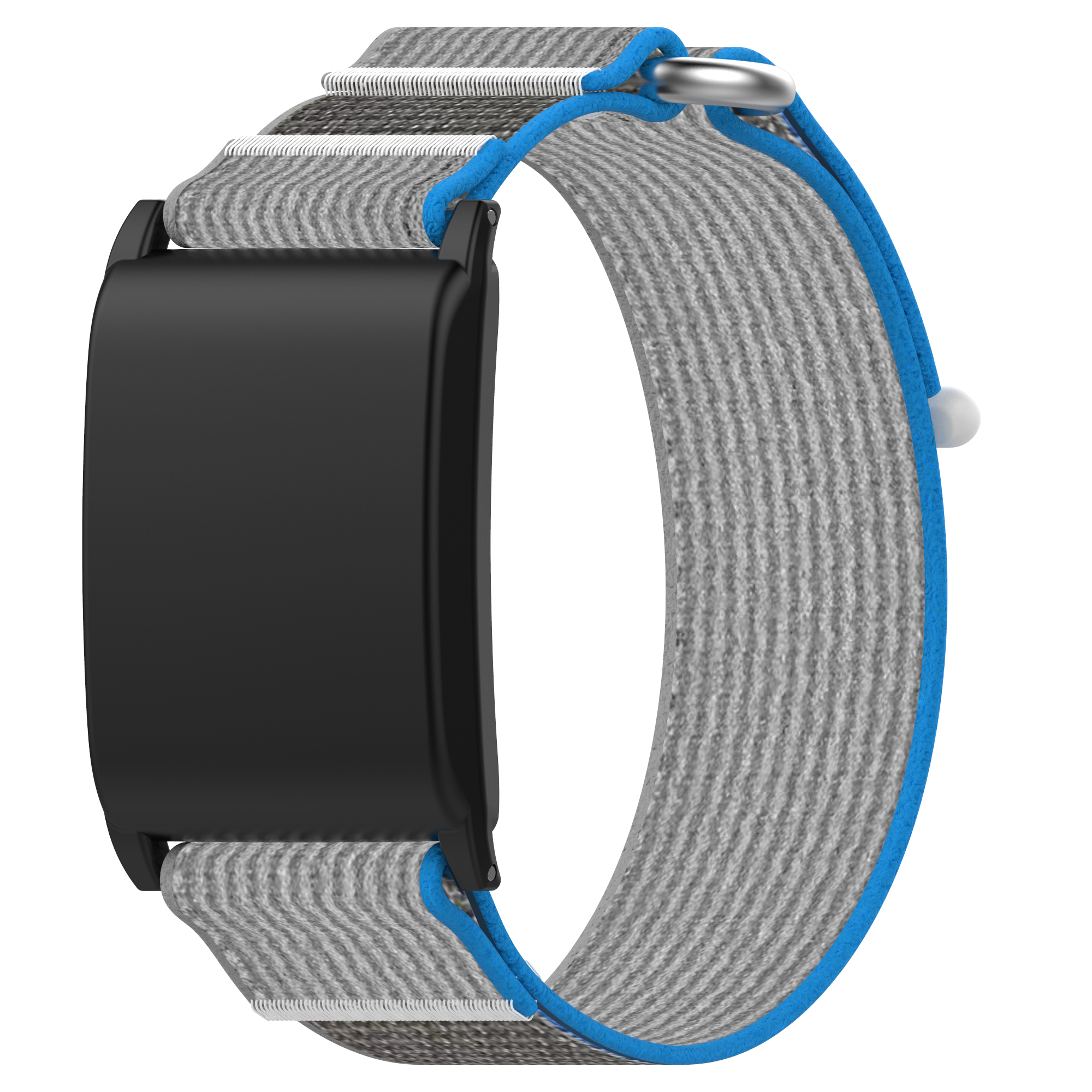 Fascia per fitness tracker nera con strisce grigie e blu e schermo nero. Bordo blu.