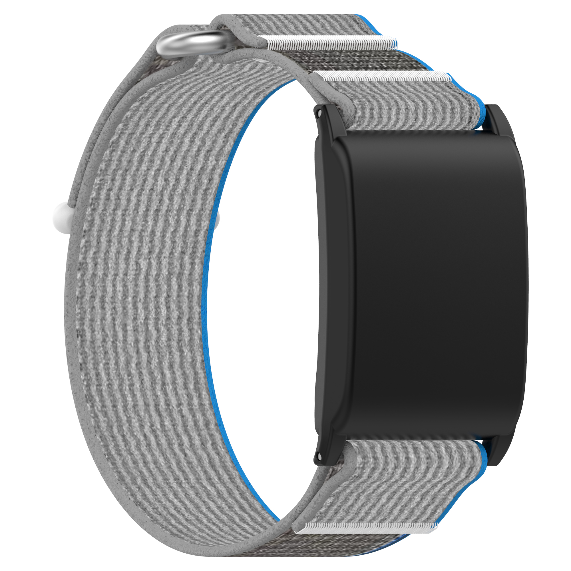 Un braccialetto fitness tracker grigio e nero con rivestimento interno blu.