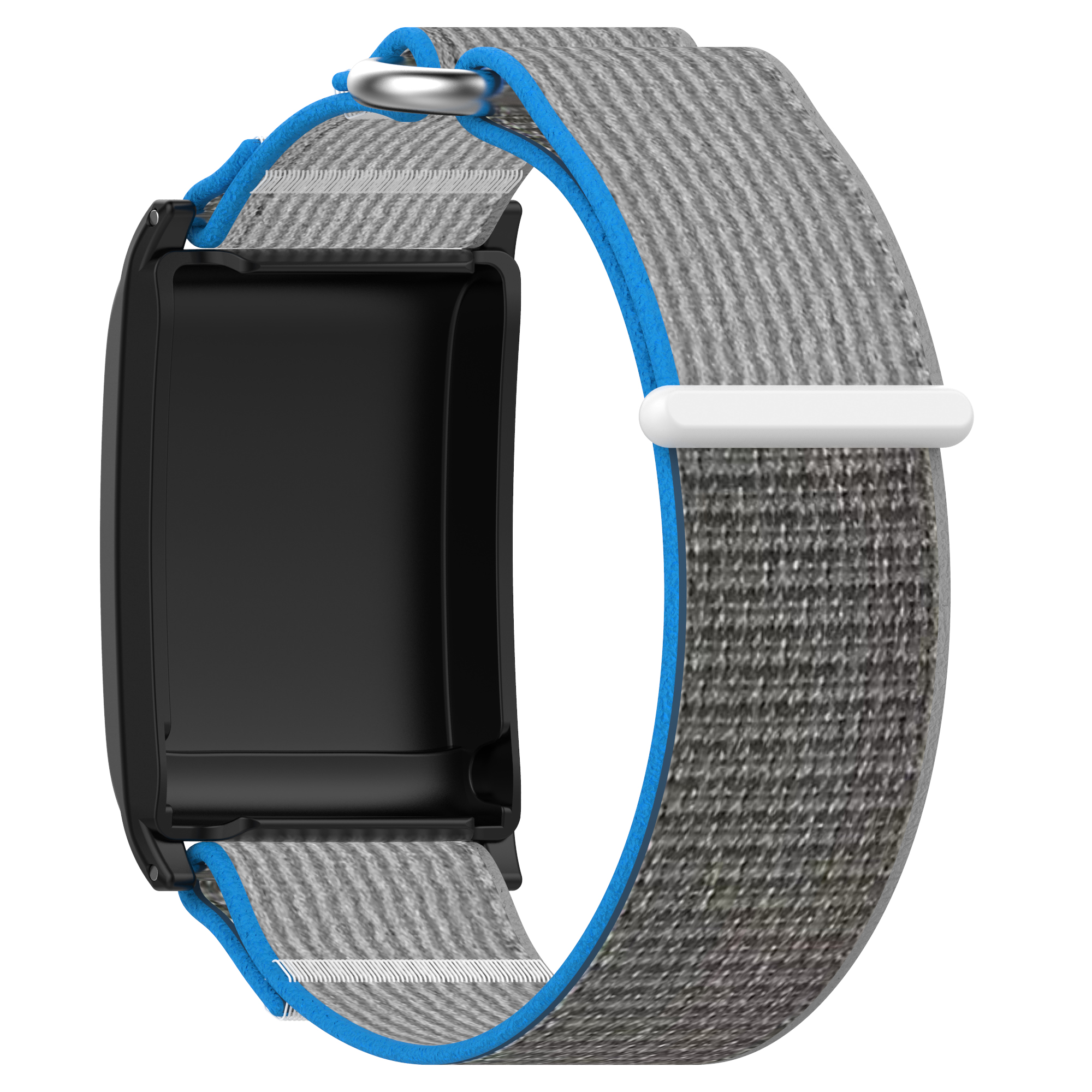 Un cinturino in tessuto grigio e blu per uno smartwatch, con quadrante nero. Il cinturino ha una chiusura in metallo.