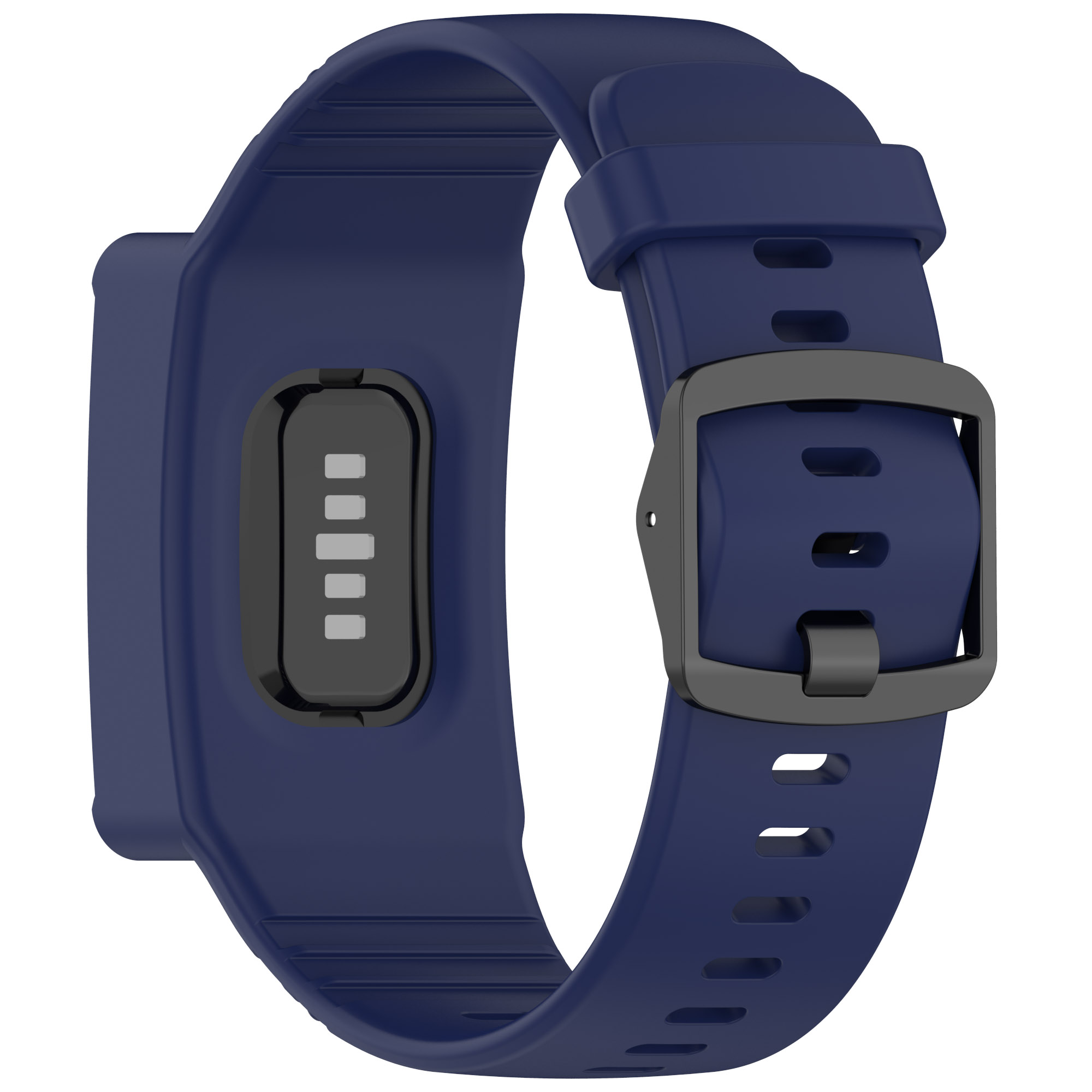 Cinturino blu per fitness tracker con fibbia nera e schermo.