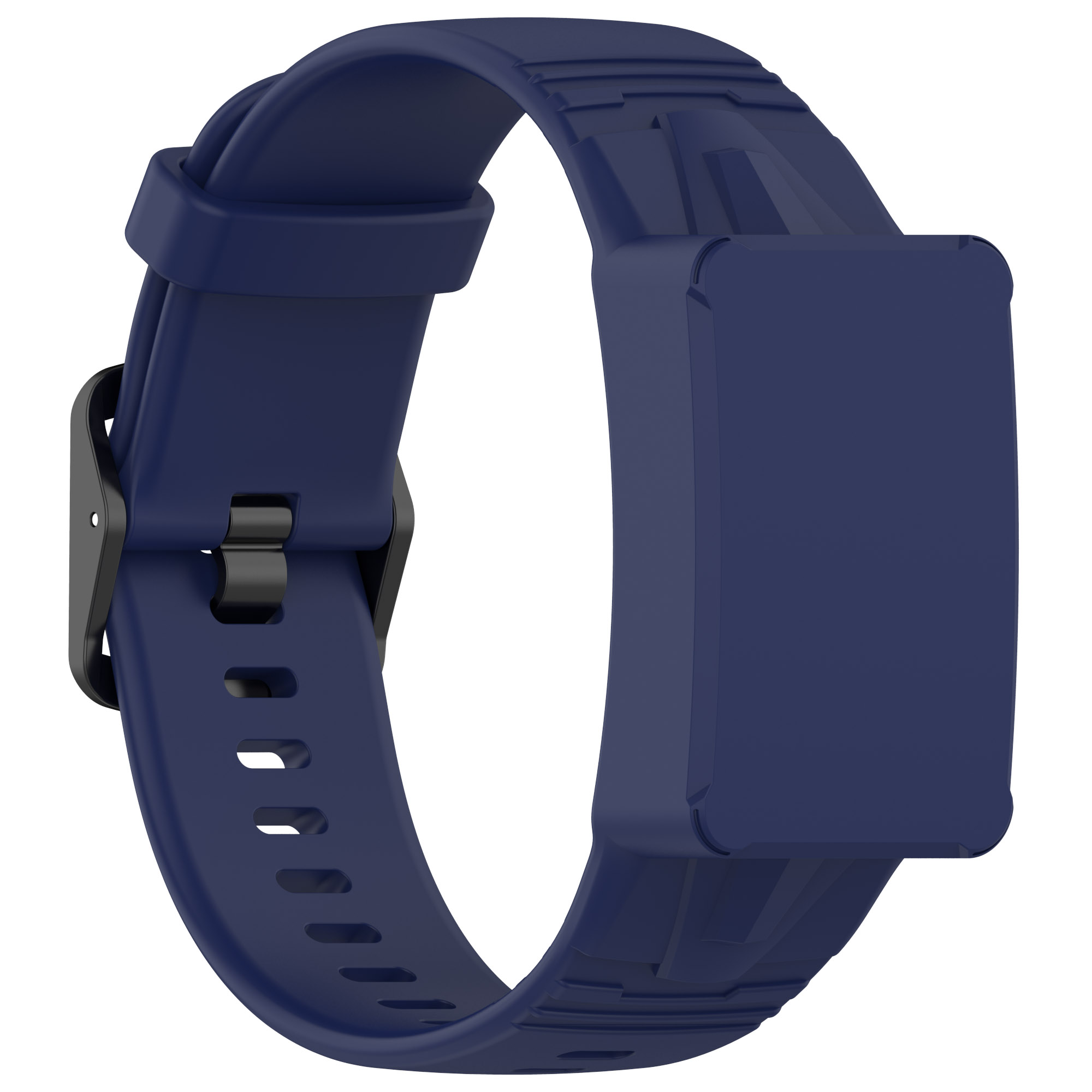 Cinturino blu per smartwatch con chiusura scura e display rettangolare blu scuro.
