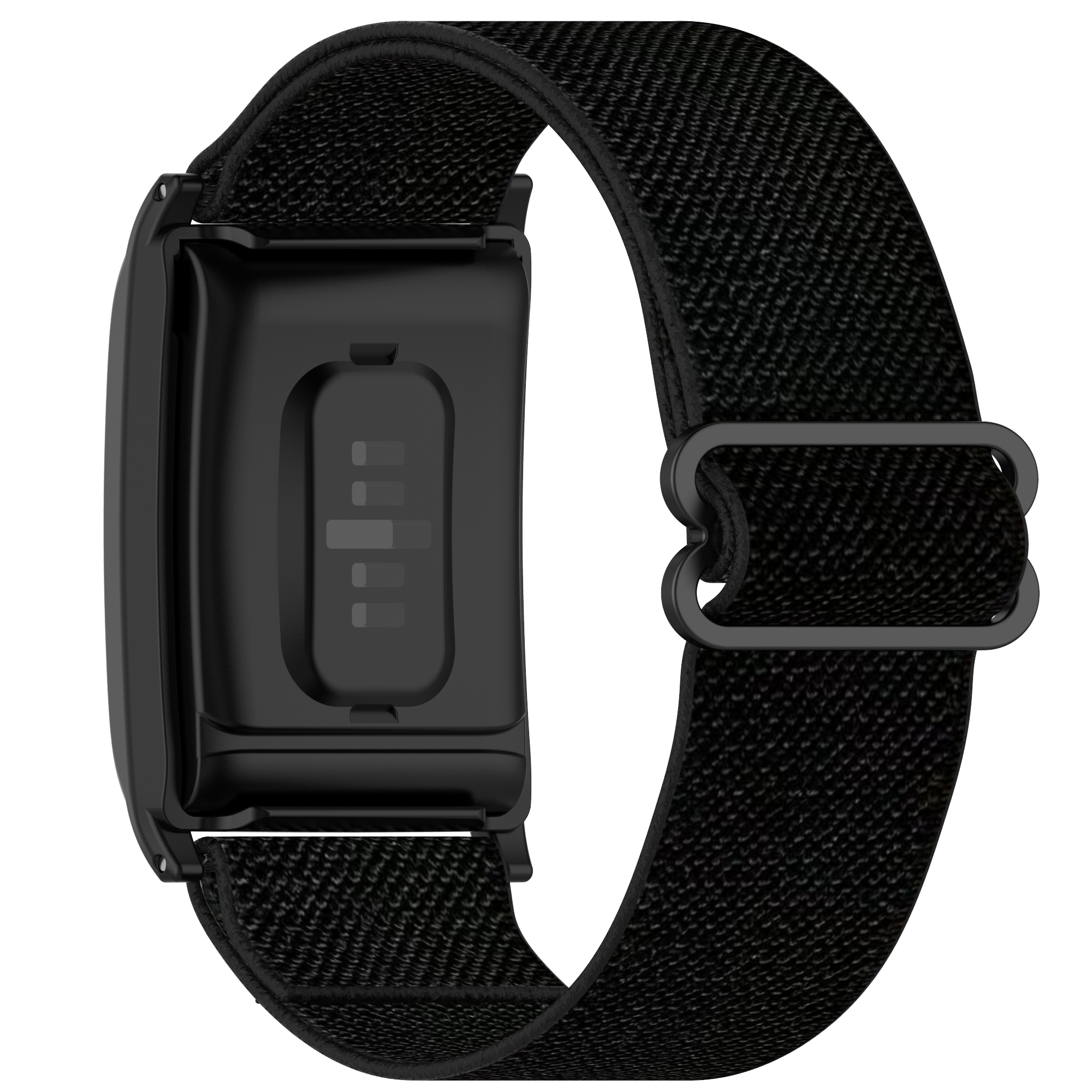 Ein schwarzer Fitnesstracker mit einem schwarzen elastischen Band, in Nahaufnahme gezeigt.