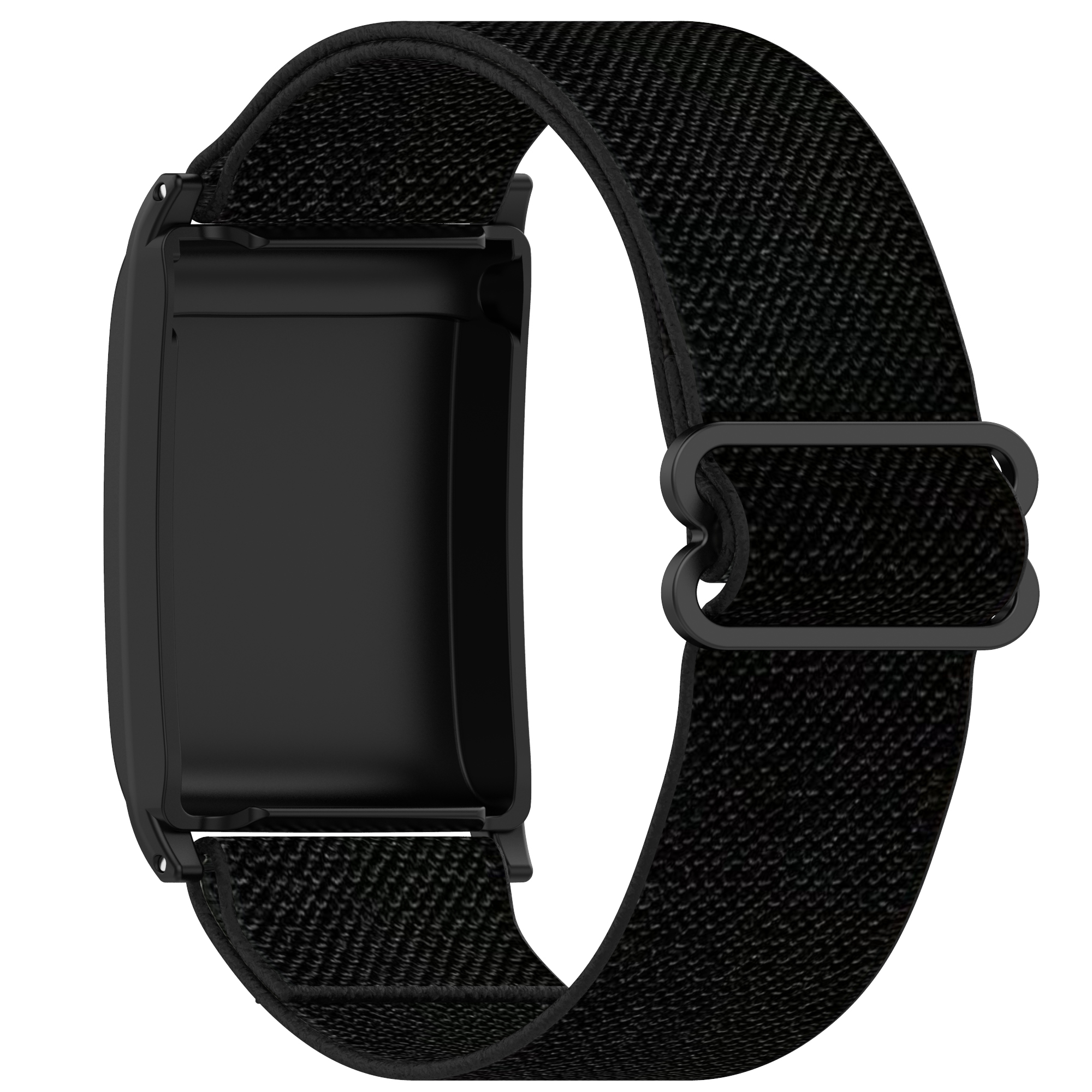 Schwarzes Fitness-Tracker-Armband. Das Band ist geschlungen und wird von einem schwarzen Verschluss zusammengehalten.