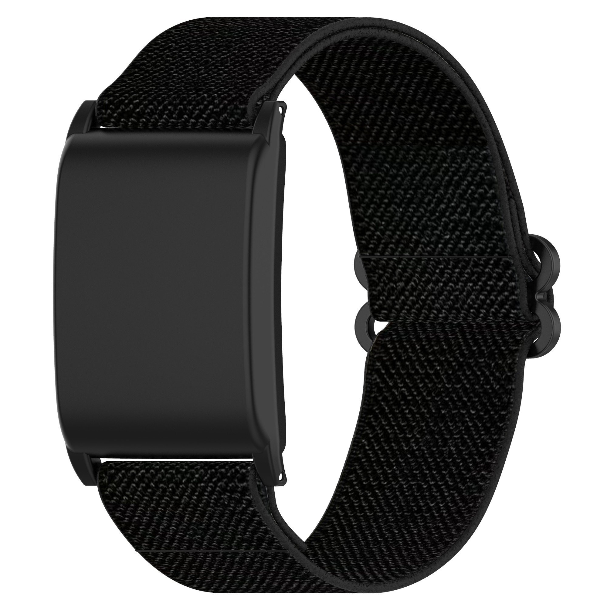 Ein schwarzes Fitness-Tracker-Armband mit einem schwarzen rechteckigen Modul und einem verstellbaren Riemen.