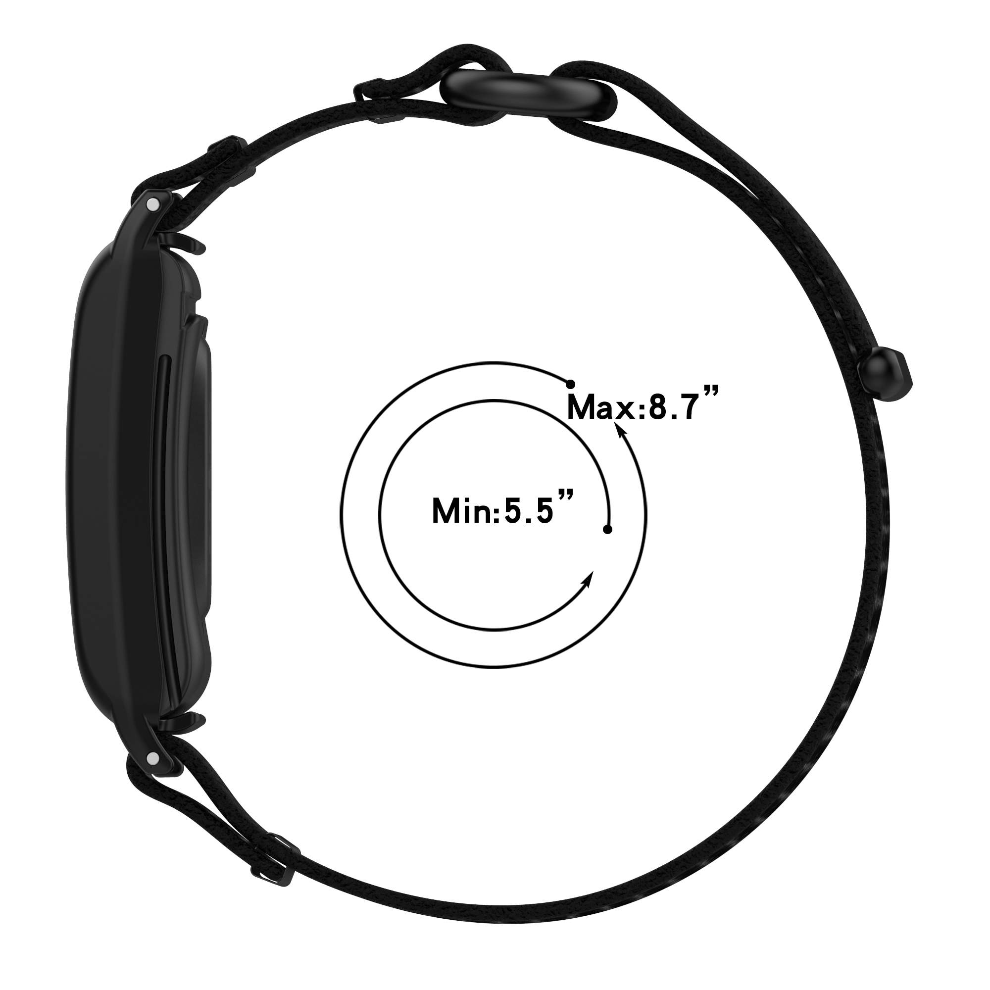 Schwarzes Fitness-Tracker-Armband, gemessen mit einem Pfeil, der einen Umfangsbereich von 5,5-8,7 Zoll angibt.