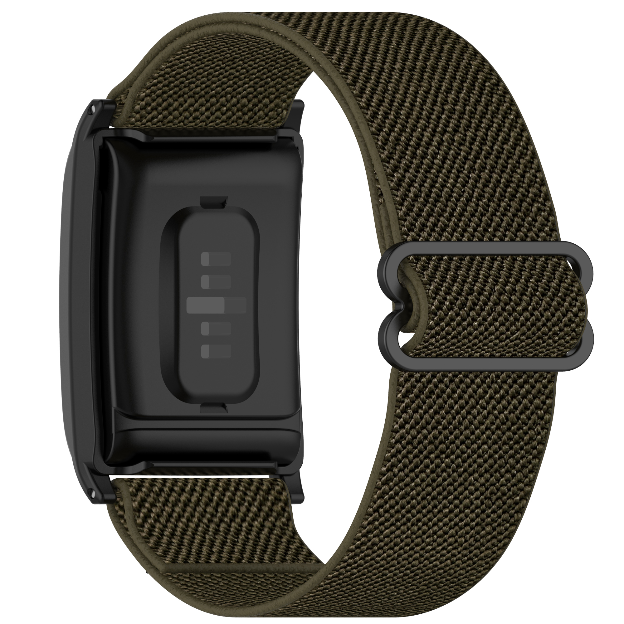 Un orologio fitness tracker verde oliva con cinturino in tessuto abbinato e fibbia nera.