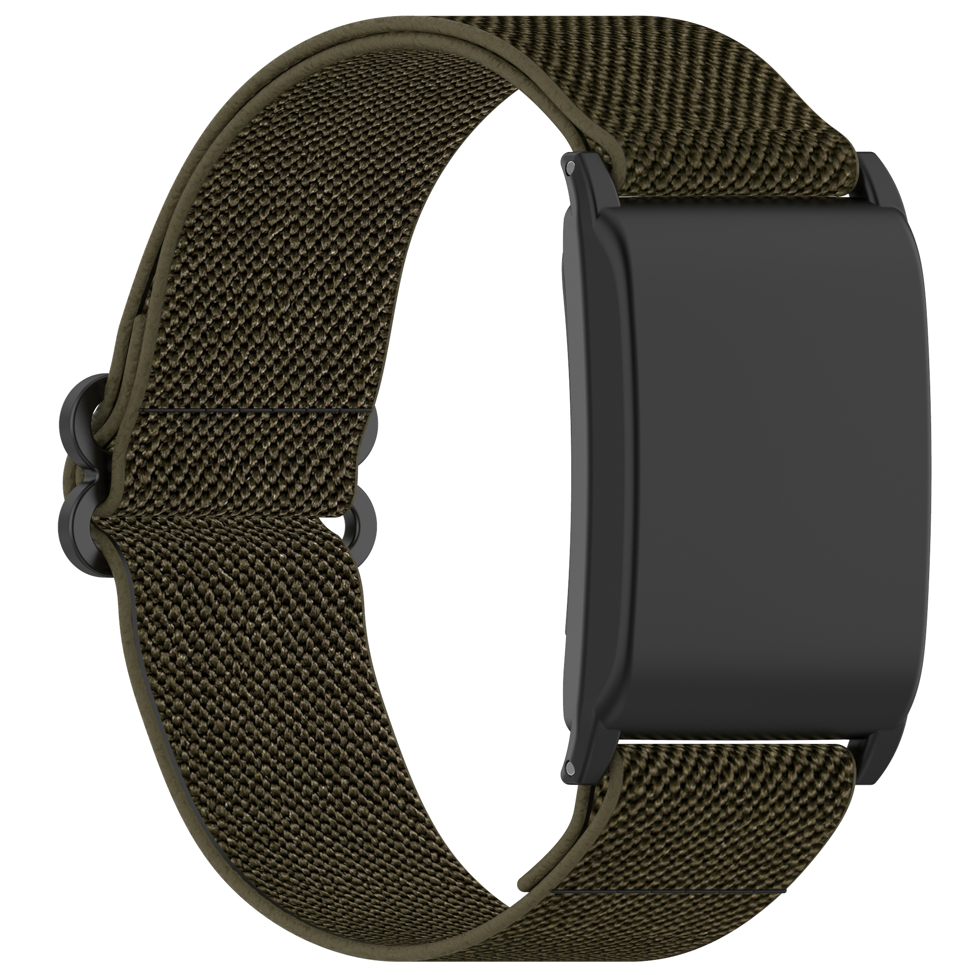 Tracker di fitness nero con cinturino verde. Il cinturino è intrecciato di colore verde.