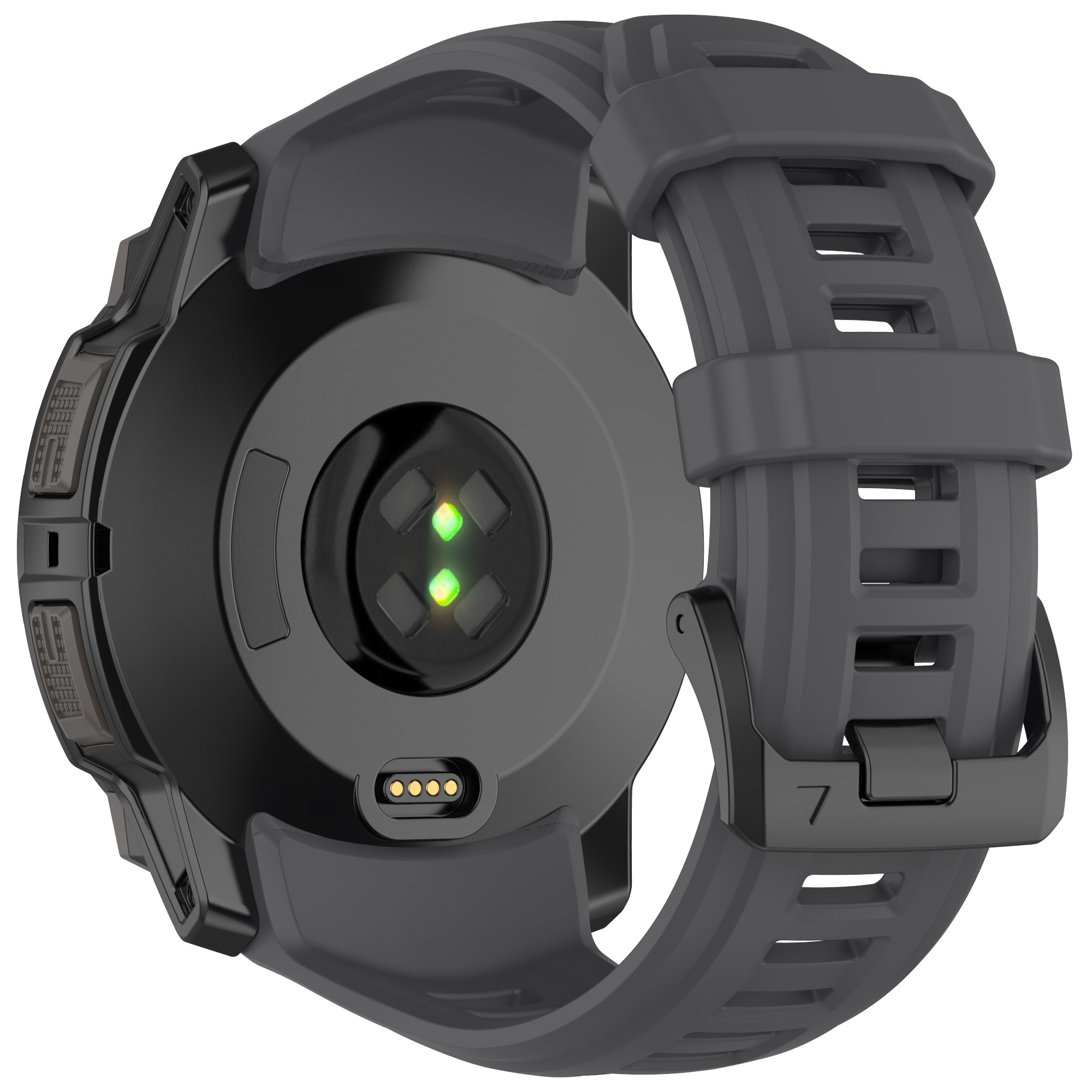 Nahaufnahme der Rückseite einer Smartwatch mit Herzfrequenzsensor, grünen Lichtern und einem grauen Armband.