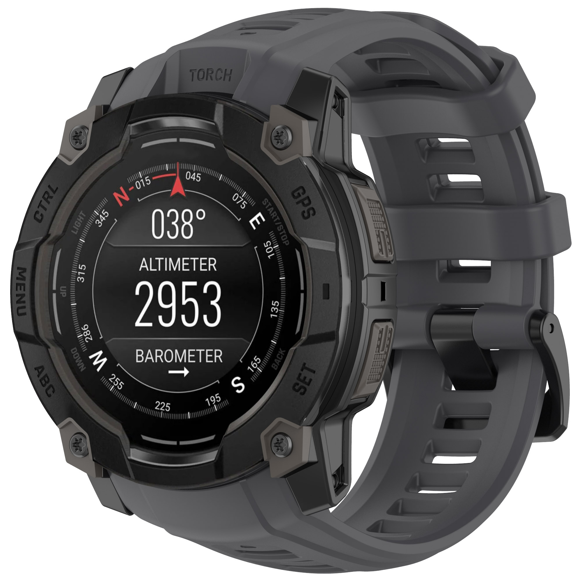 Schwarze Smartwatch mit rundem Bildschirm, zeigt Höhen- und Kompassanzeigen.