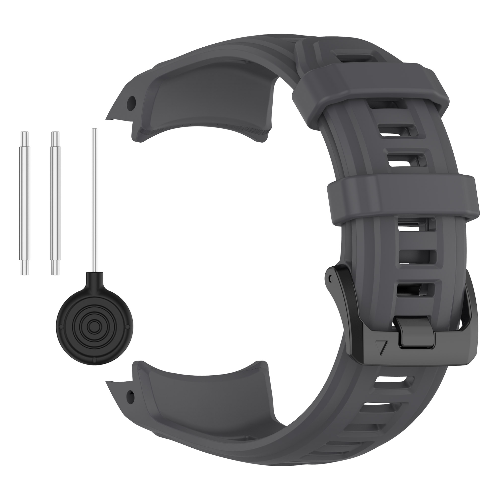 Graues Uhrenarmband mit schwarzem Verschluss und Werkzeugen zur Befestigung. Zeigt verschiedene Teile.