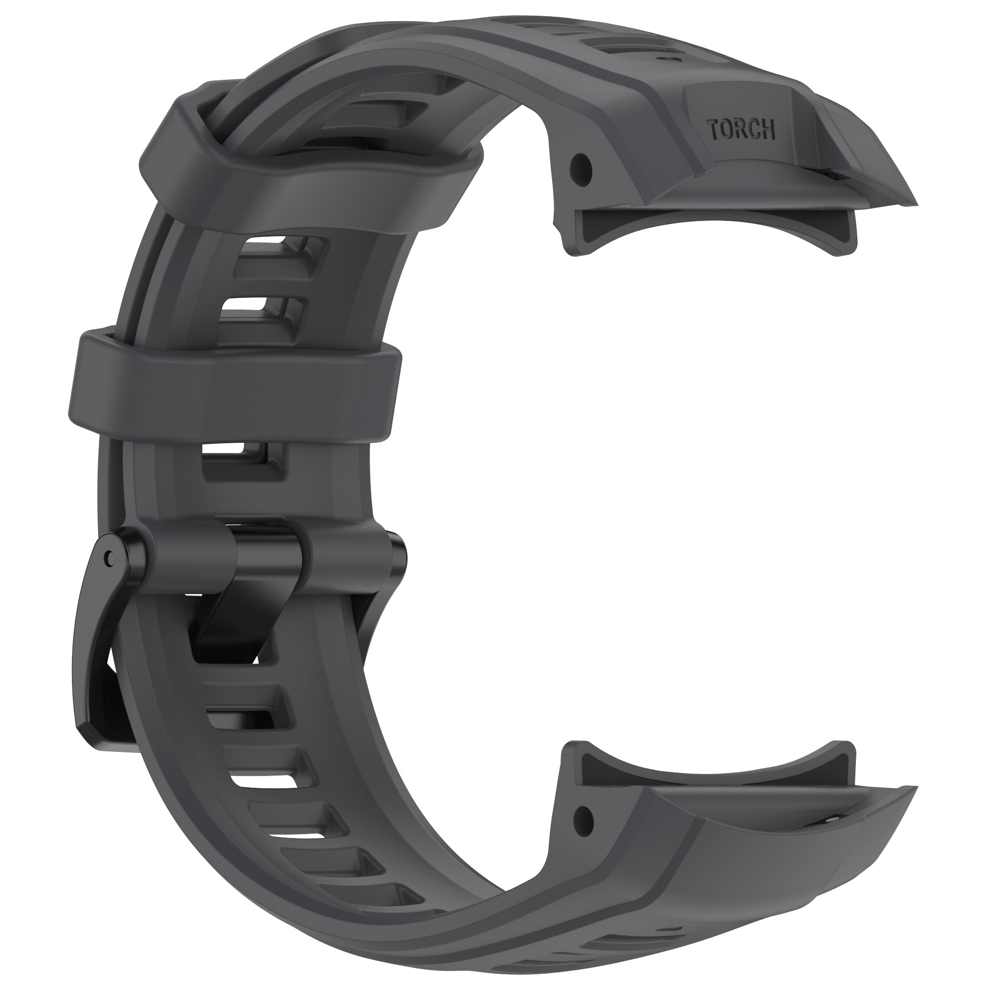 Schwarzes Uhrenarmband mit Schnalle und Torch-Markenetikett.