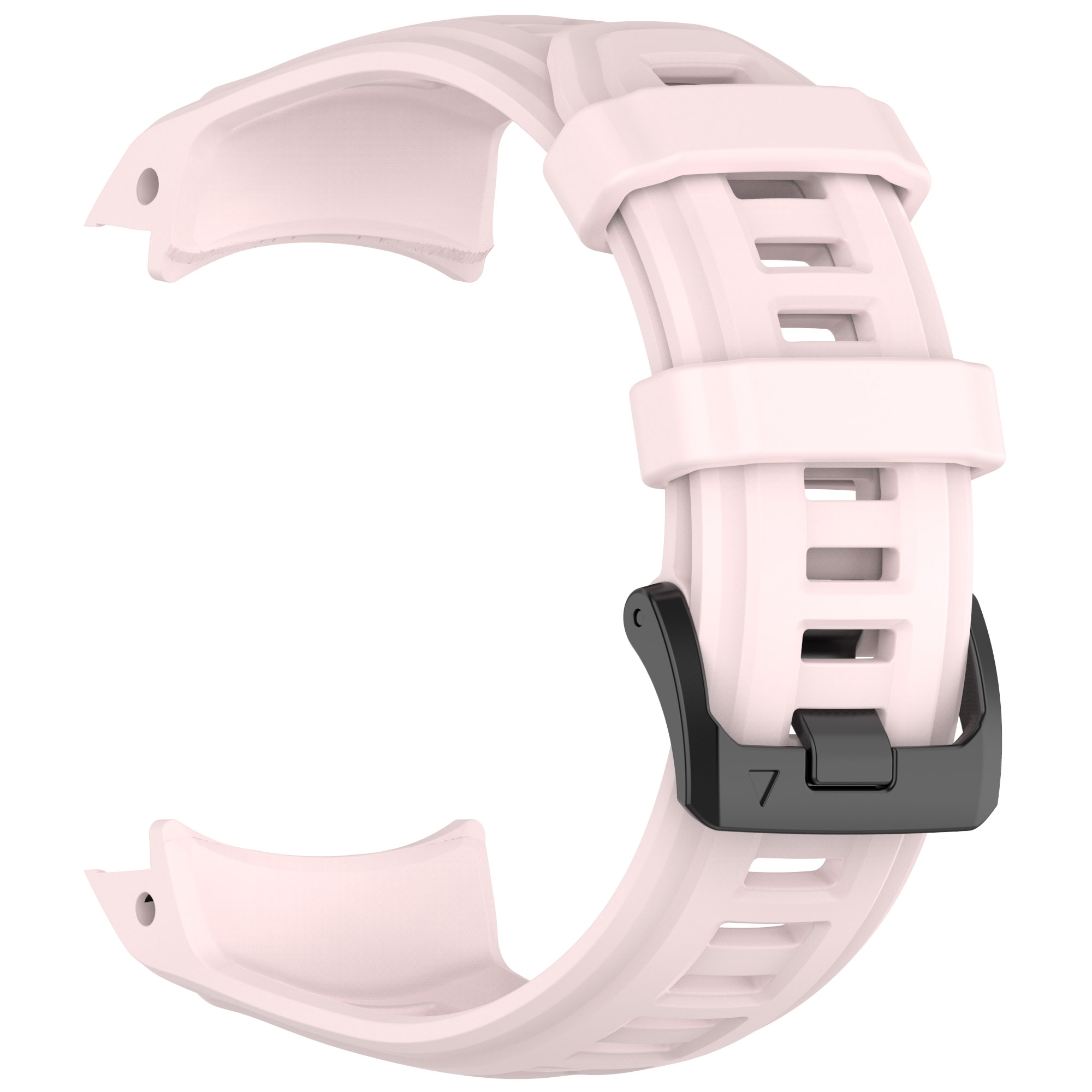 Cinturino rosa e bianco con chiusura nera. Il cinturino ha un design a coste.