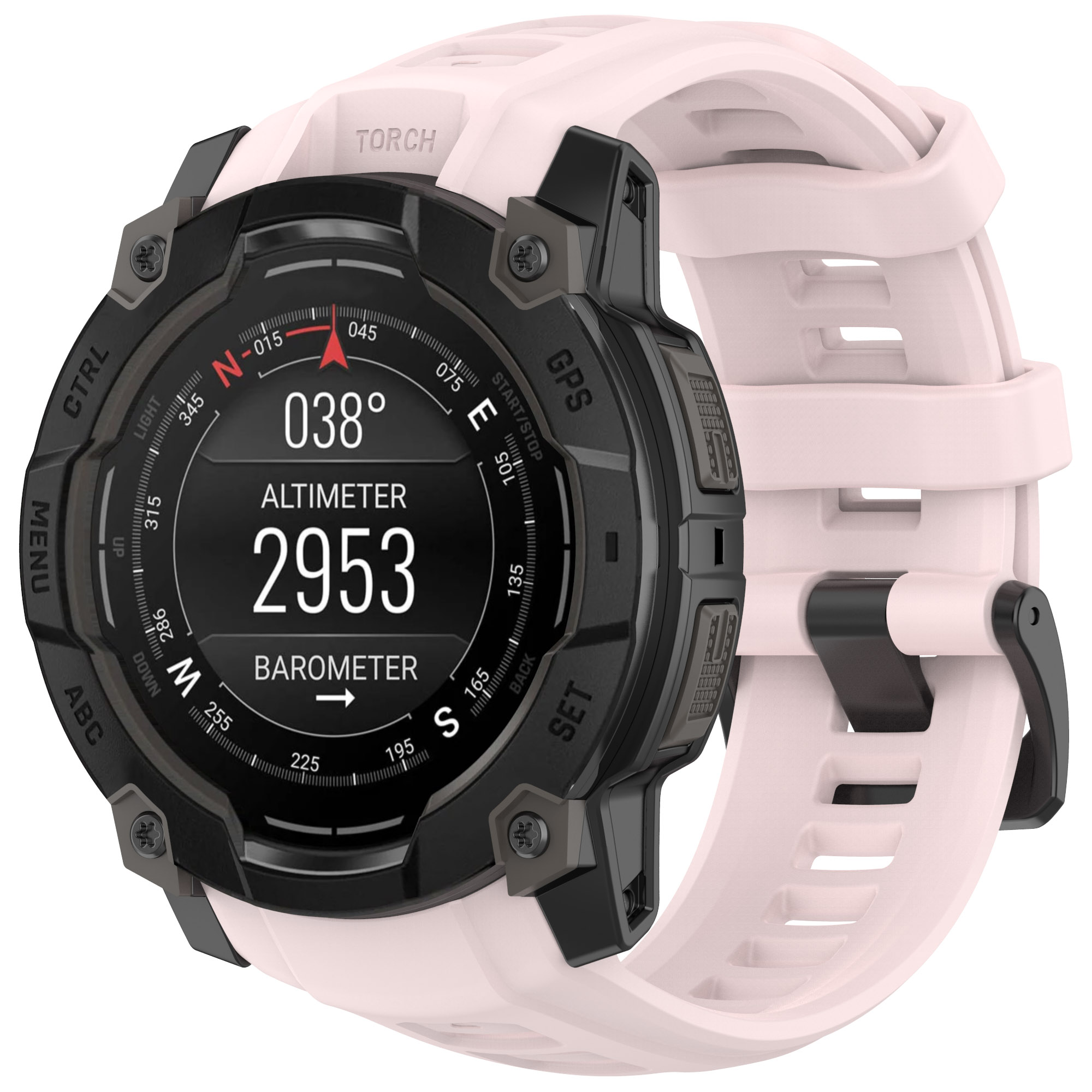 Uno smartwatch rosa con lunetta nera. L'orologio mostra le letture dell'altimetro e del barometro.