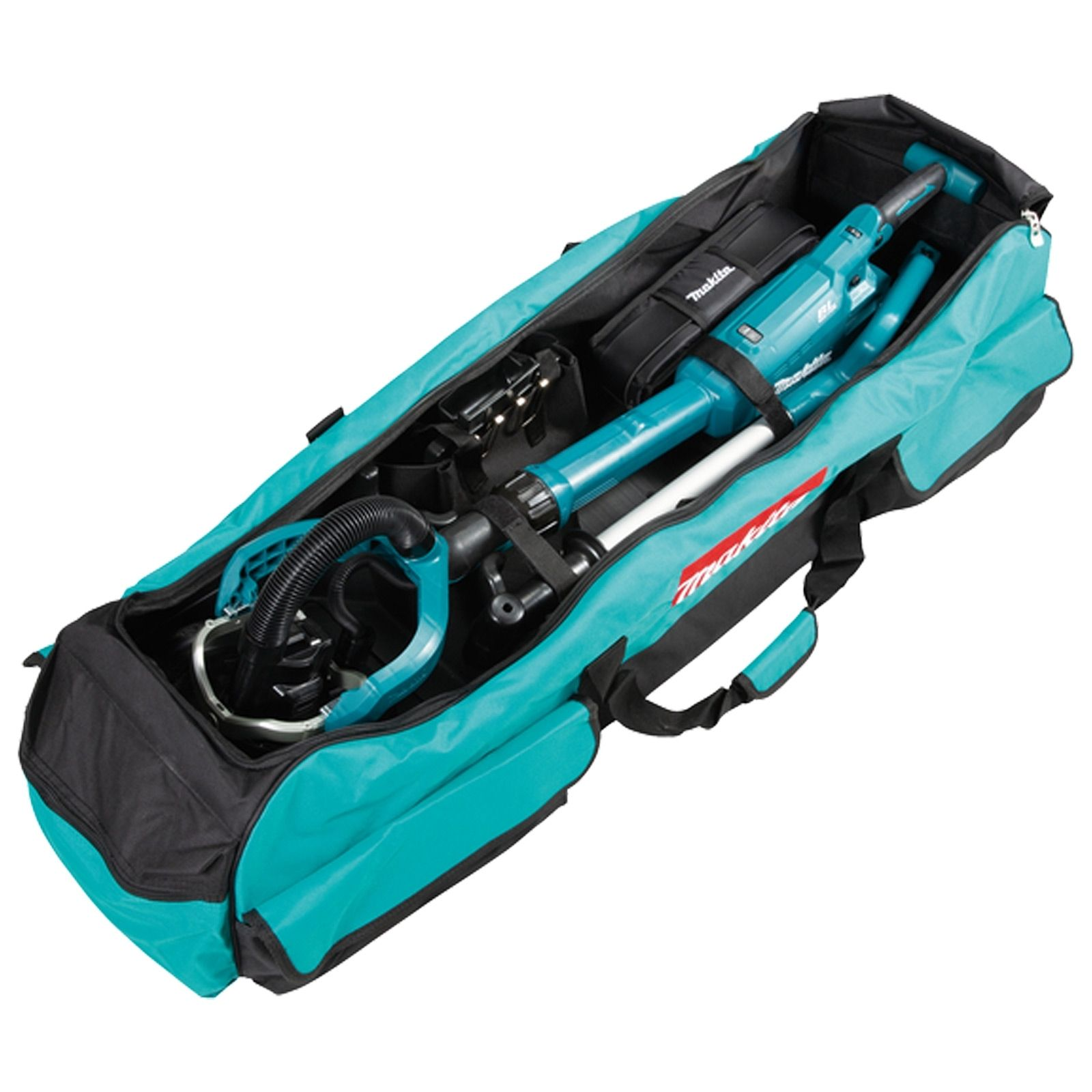 Eine lange türkisfarbene Werkzeugtasche, geöffnet, mit Elektrowerkzeugen, vor weißem Hintergrund.