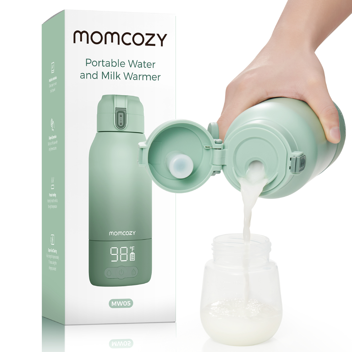 Babyflaschenwärmer mit Flasche und Milch wird eingefüllt. Grüne Flasche und Schachtel.