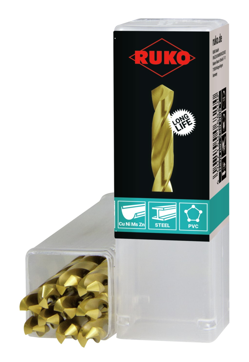 Zestaw wierteł w przezroczystym plastikowym etui. Wiertła są złote.