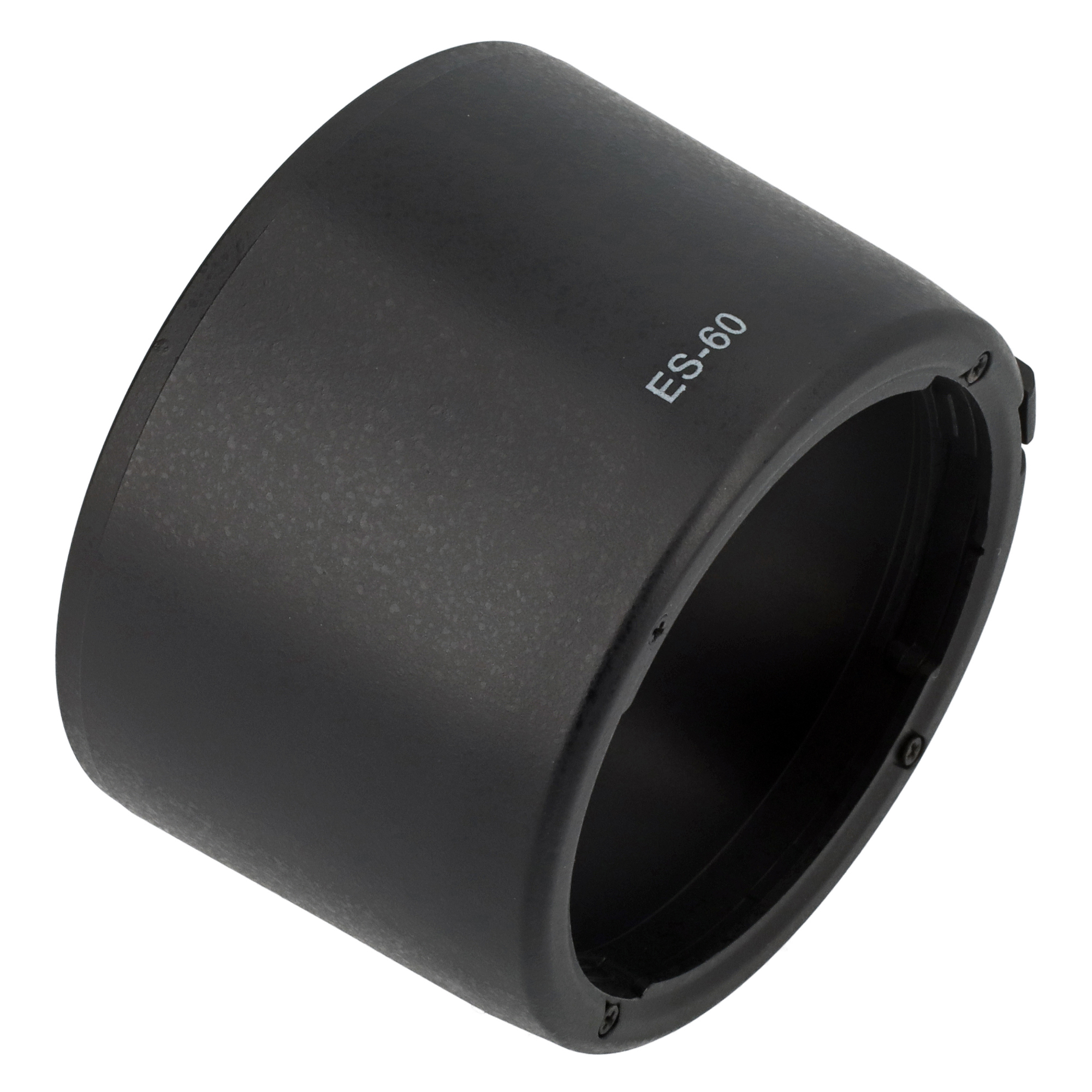 Schwarze Gegenlichtblende mit ES-60-Markierung, schräge Ansicht.