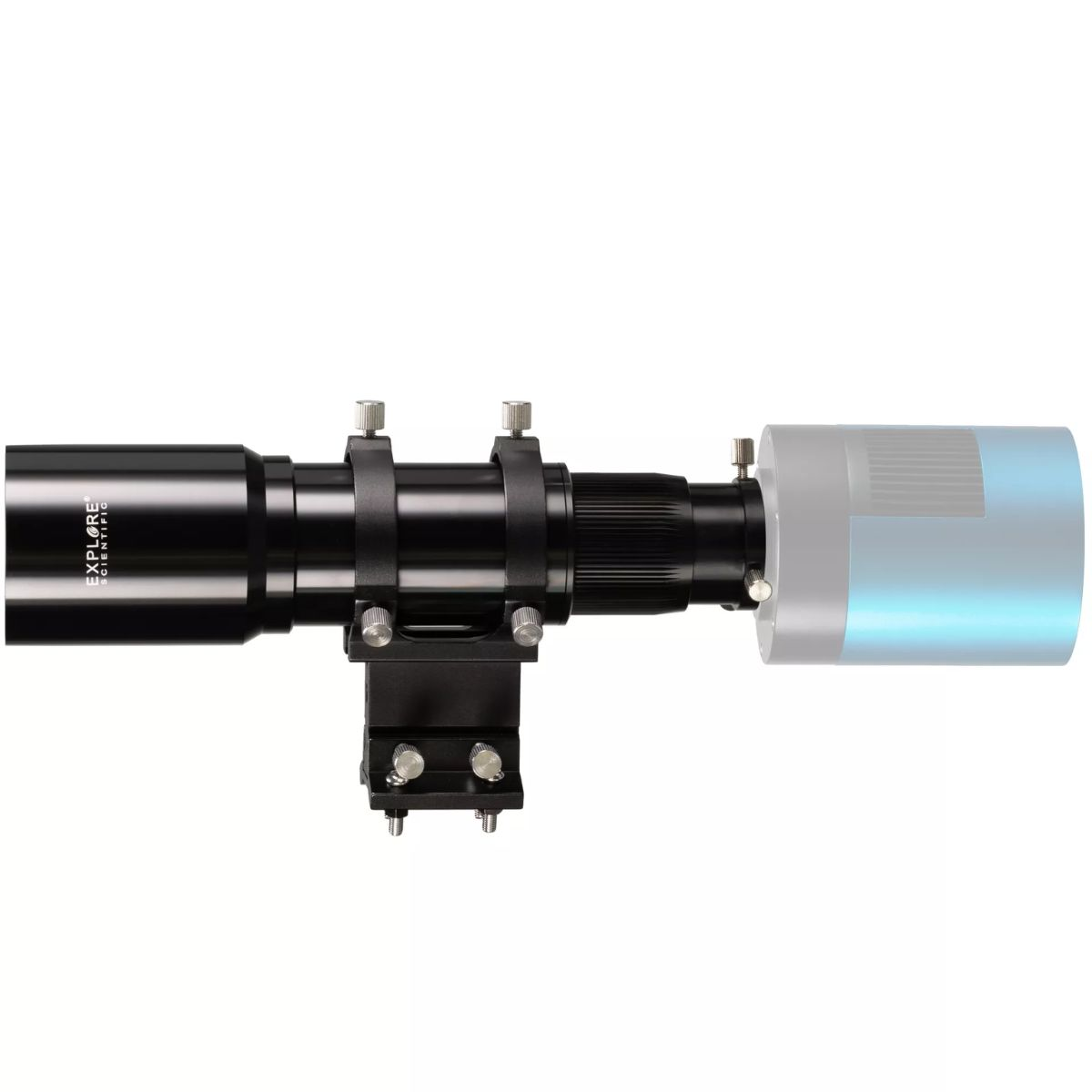 Un telescopio negro con hardware de montaje y un accesorio azul en el lado derecho.