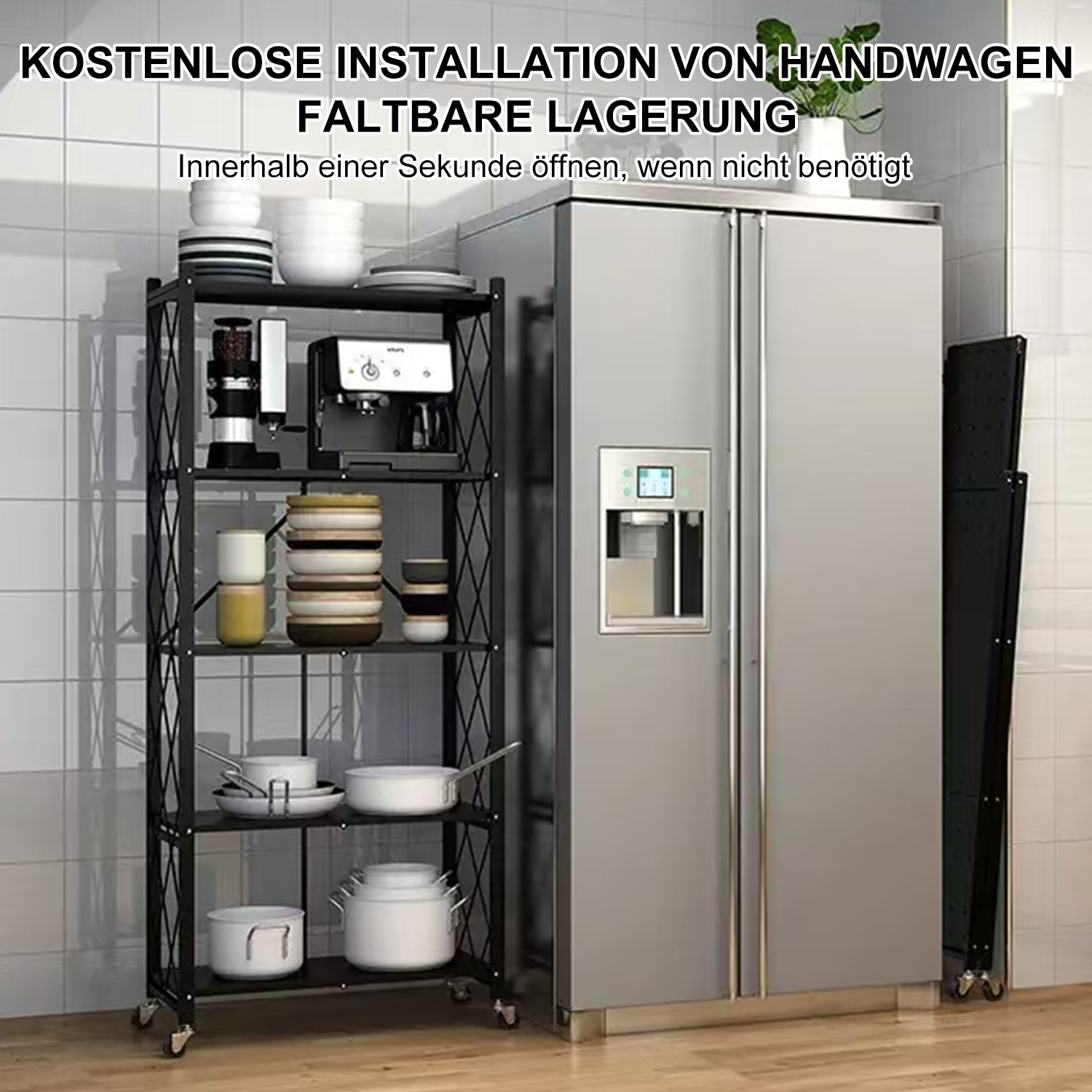 Schwarzes Metallregal mit Rädern, das Küchenartikel hält, neben einem Kühlschrank, drinnen.