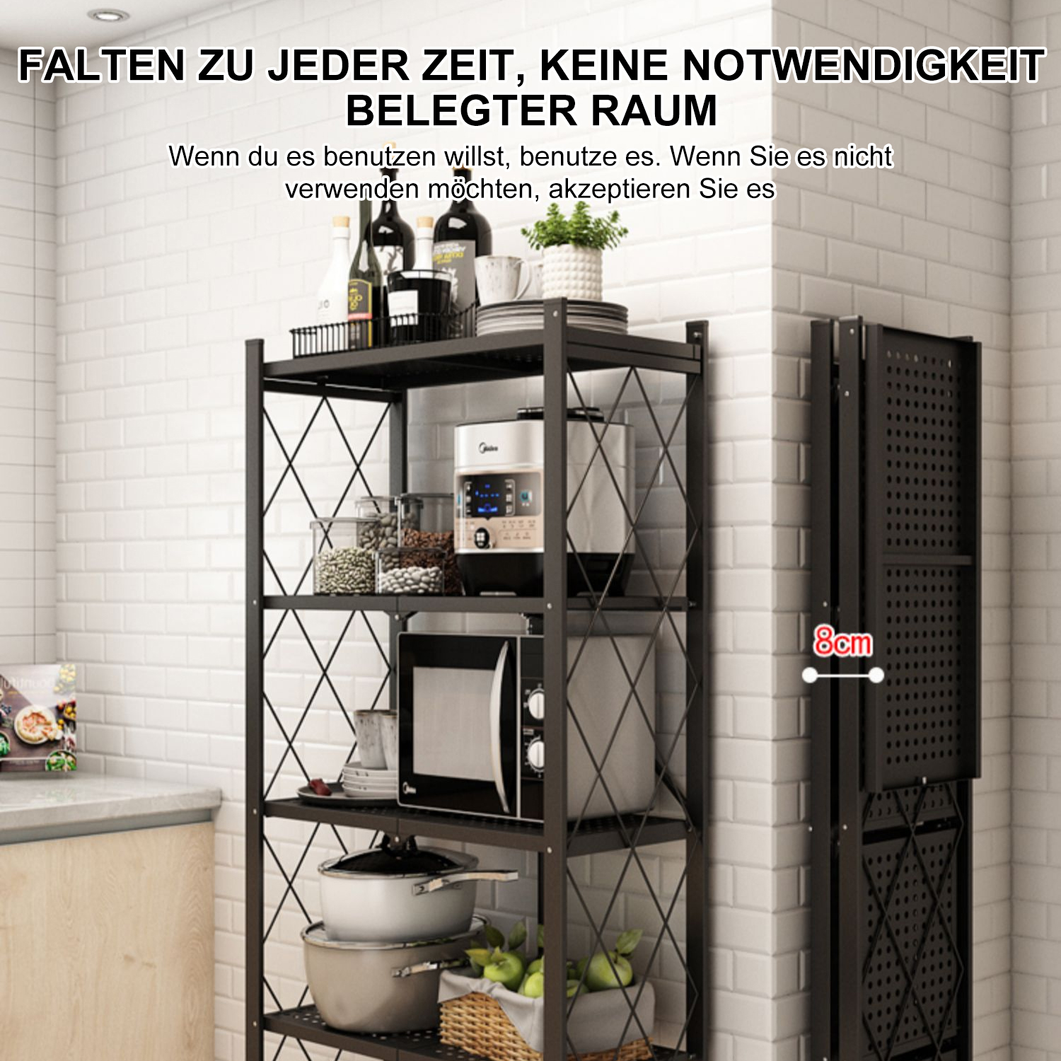 Schwarzes Metallregal, gefaltet und entfaltet, in einer Küche. Der Titel lautet 'KEIN BEDARF FÜR VERSCHOBENEN RAUM'. 8cm Maß.