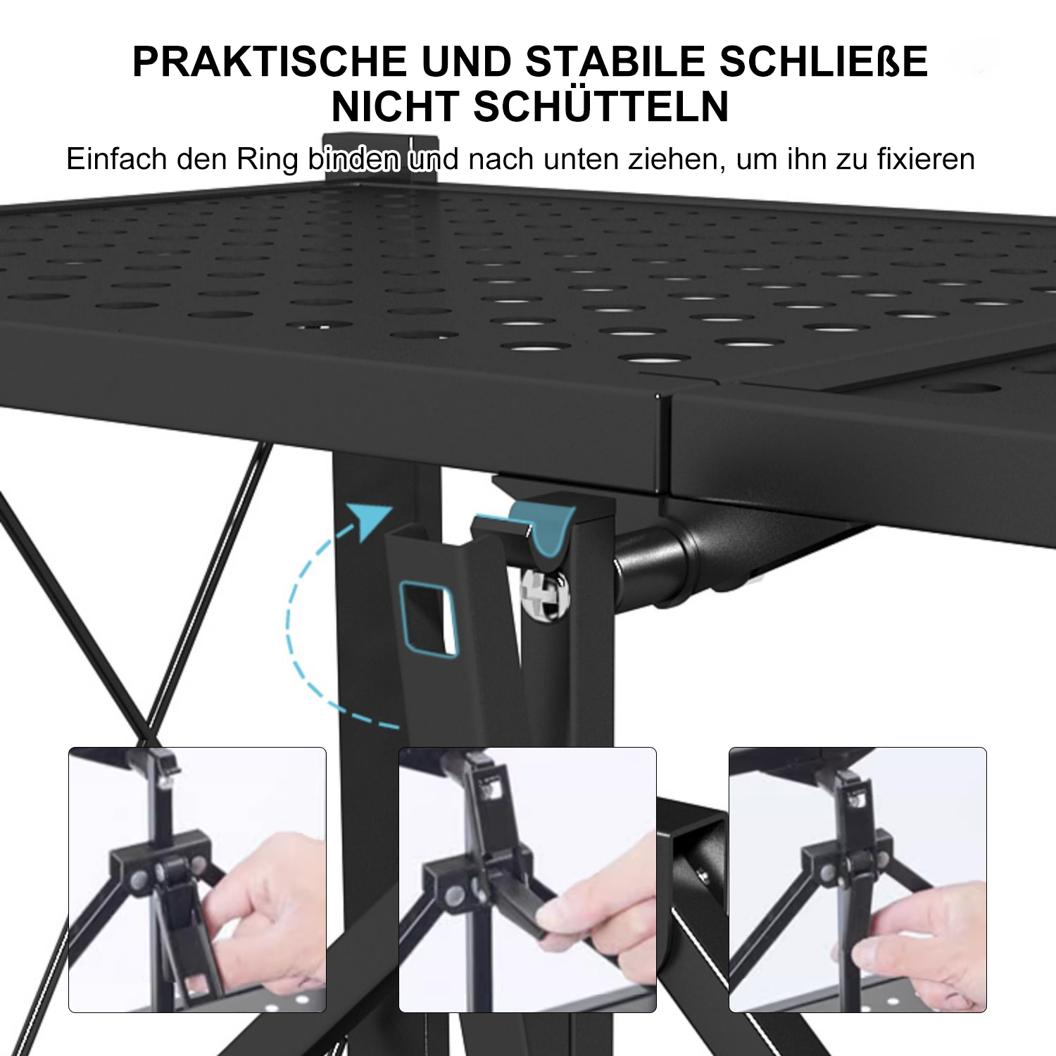 Schwarzer Metall-Klapptisch mit Anweisungen, wie man die Beine faltet und verriegelt. Text auf Deutsch.