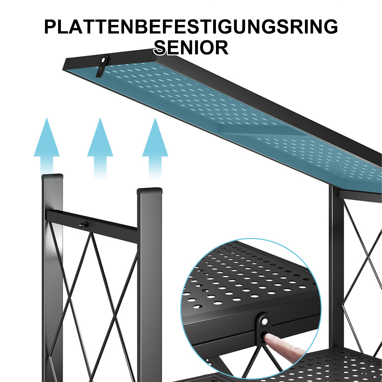 Ein schwarzes Metallregal mit einer blauen Lochplatte. Pfeile zeigen nach oben. Text: Plattenbefestigungsring Senior.