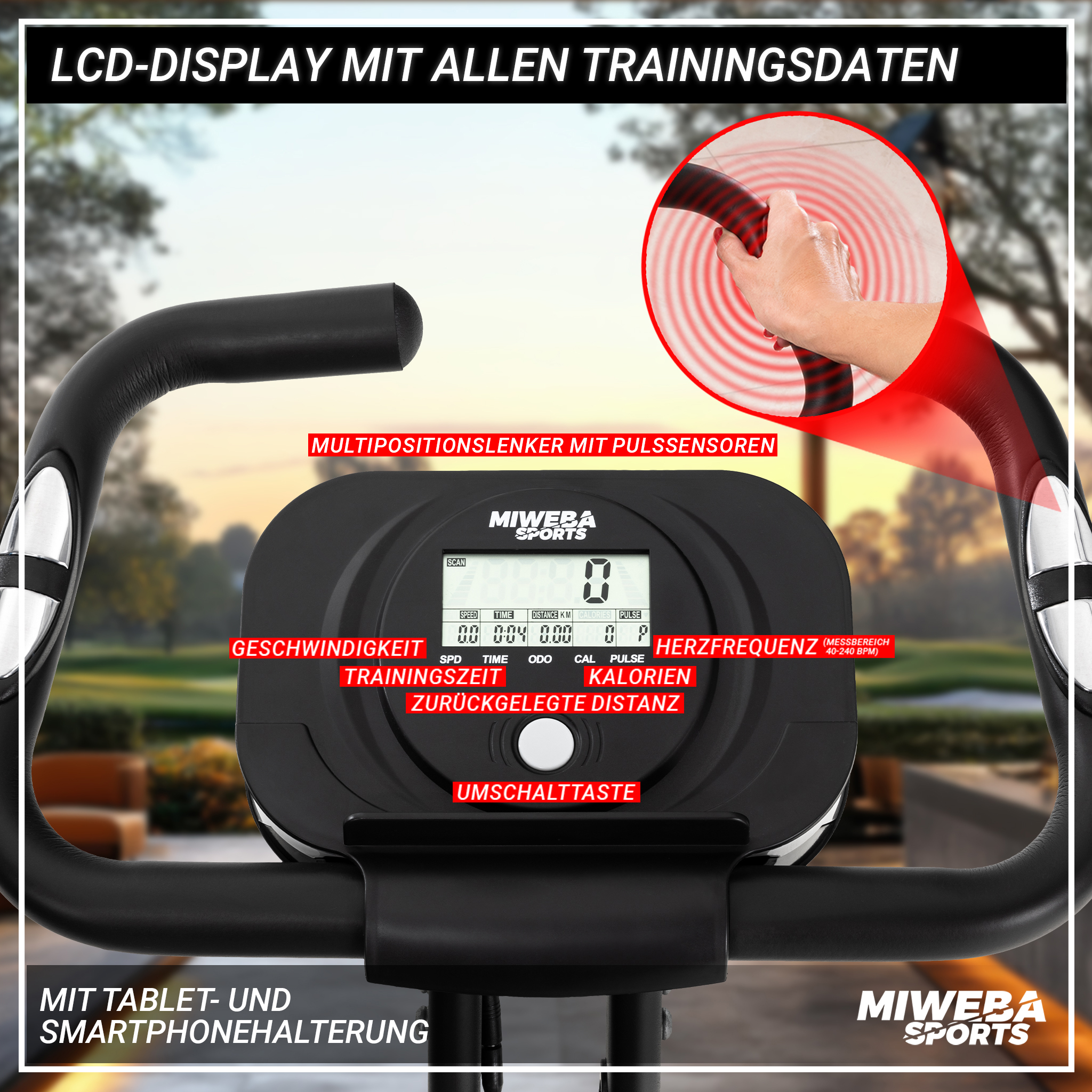Heimtrainer mit Display, das Daten anzeigt, mit rotem Kreis, der Sensoren hervorhebt.