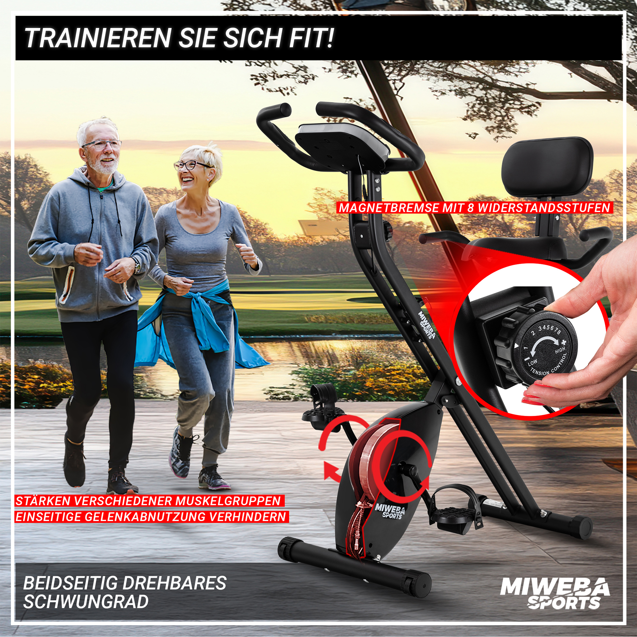 Personen trainieren auf Heimtrainer, Text hebt Muskelgruppen und Schwungrad hervor.