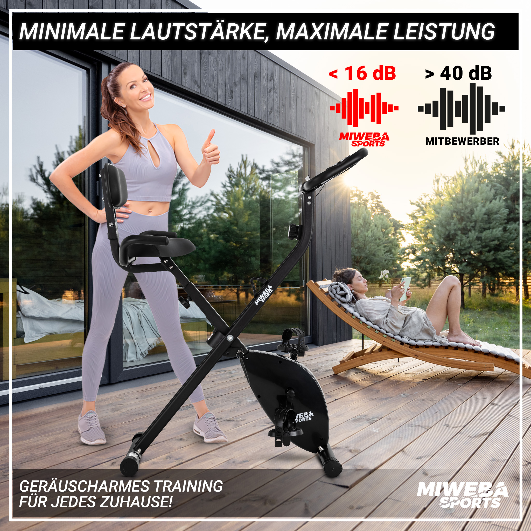 Bild zeigt eine Frau mit Daumen hoch neben einem Heimtrainer. Eine andere Frau liegt auf einem Stuhl.