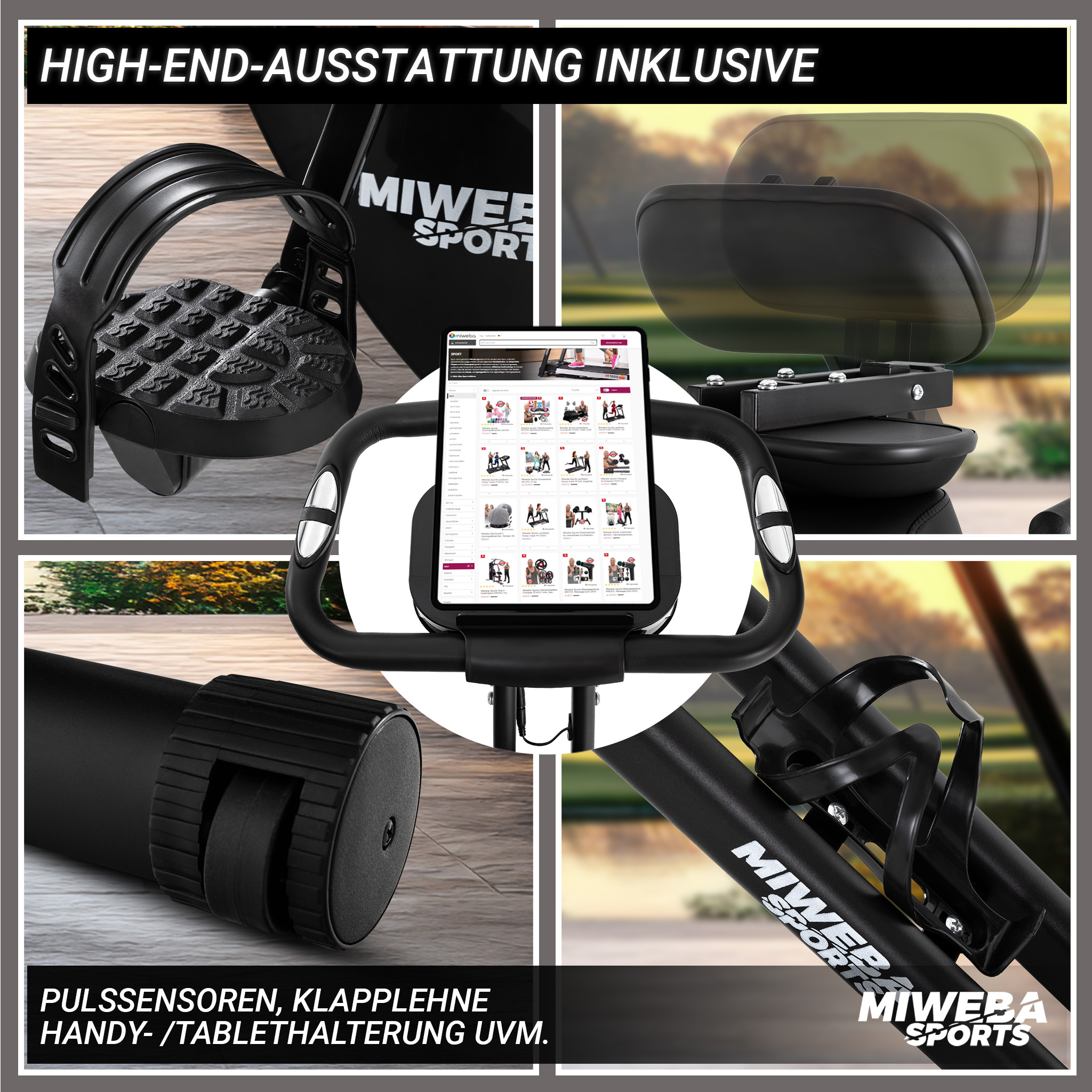Detailansicht des stationären Heimtrainers. Inklusive Tablethalter, Flaschenhalter und Pulssensoren.