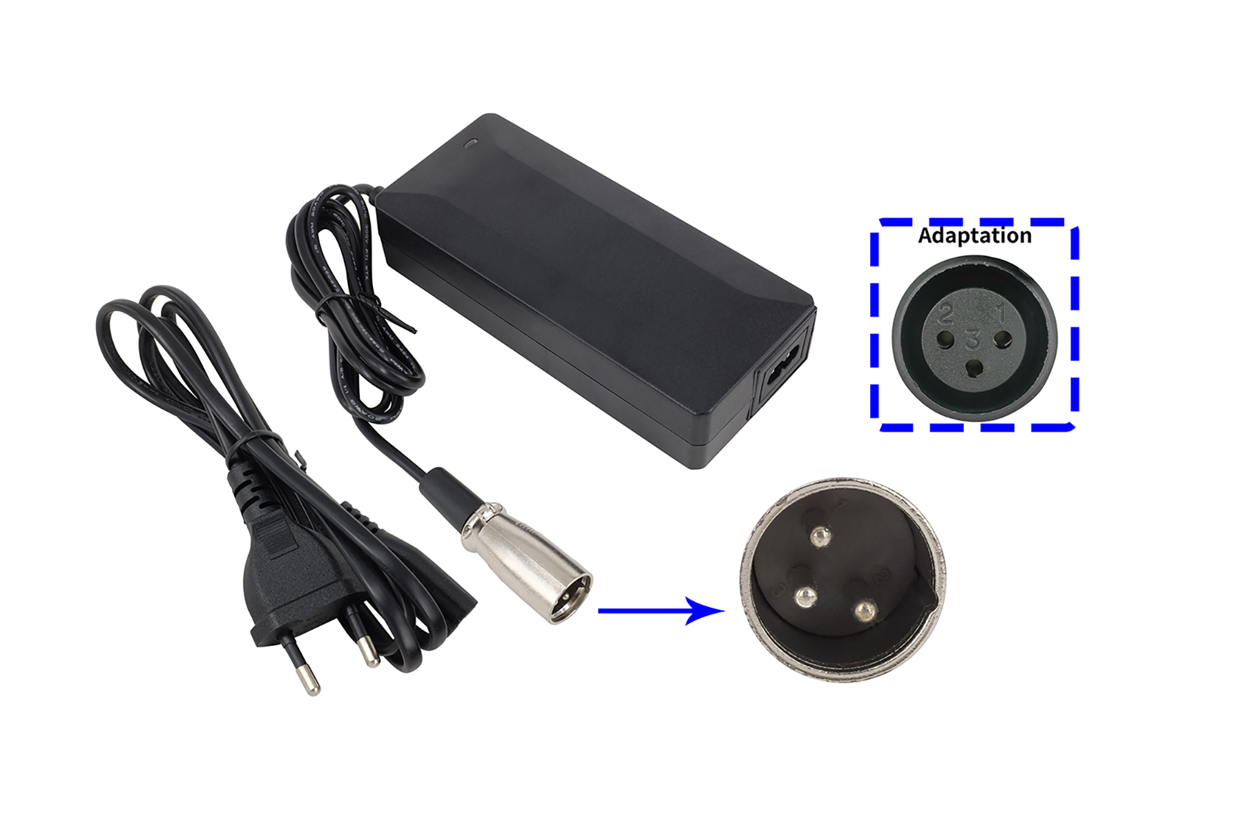 Ein schwarzer Netzadapter, ein Netzkabel und ein Stecker sind abgebildet. Eine Nahaufnahme des Steckers ist ebenfalls sichtbar.