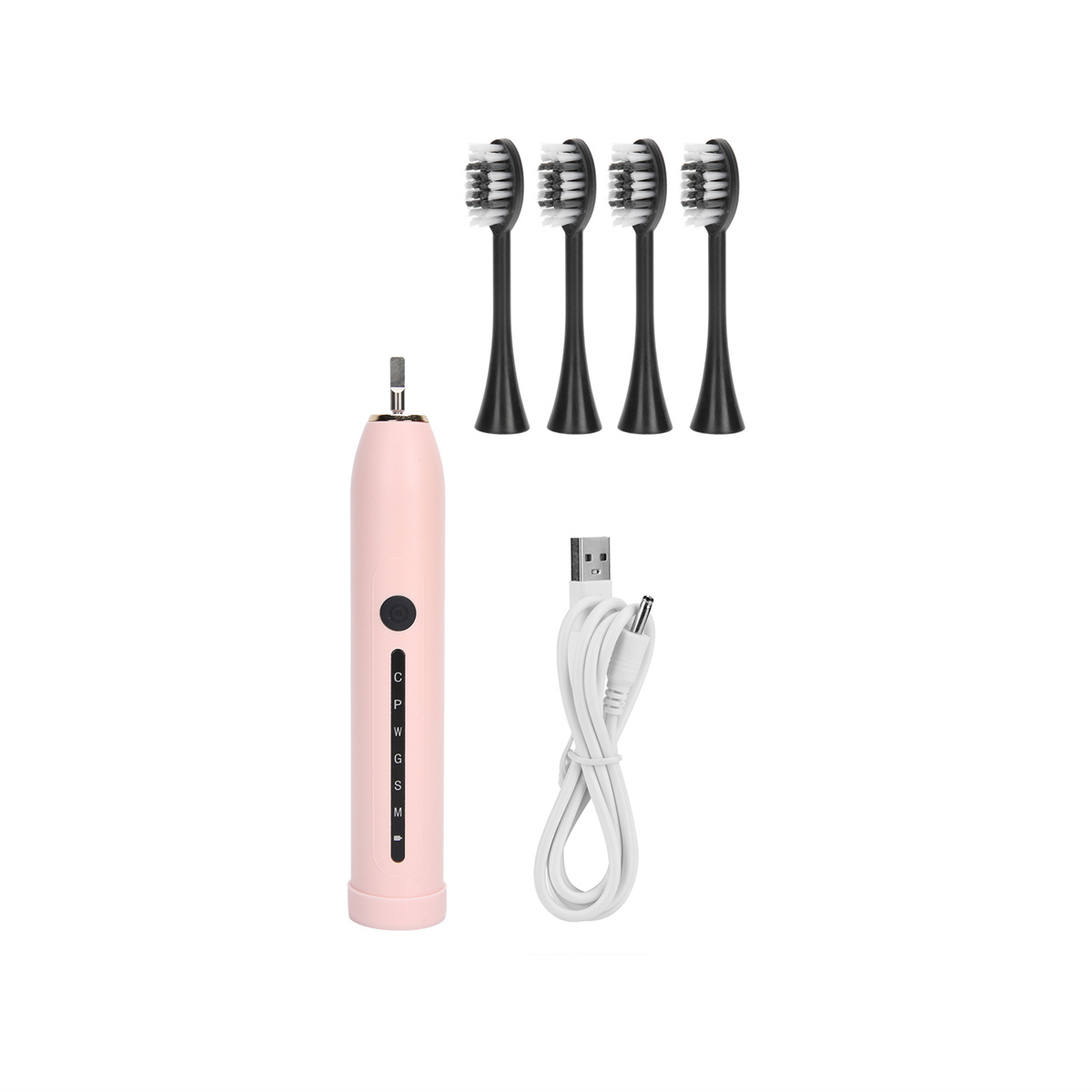 Eine rosa elektrische Zahnbürste mit Bürstenköpfen und einem Ladekabel.