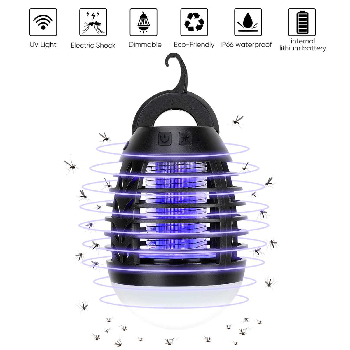 Schwarze Mückenvernichtungslampe mit Symbolen und Mücken drumherum, die ein violettes Leuchten auf Weiß aussendet.
