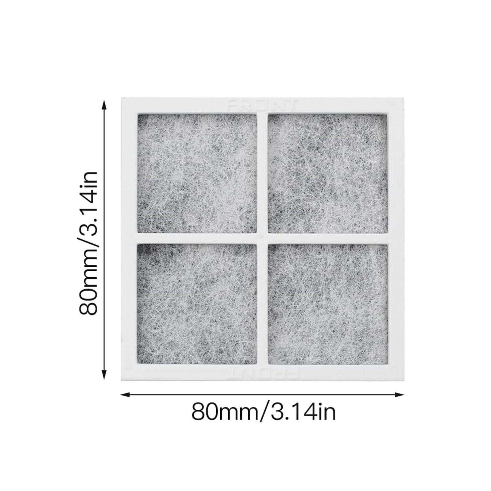 Quadratischer Luftfilter, weißer Rahmen, graues Filtermaterial, mit Abmessungen.