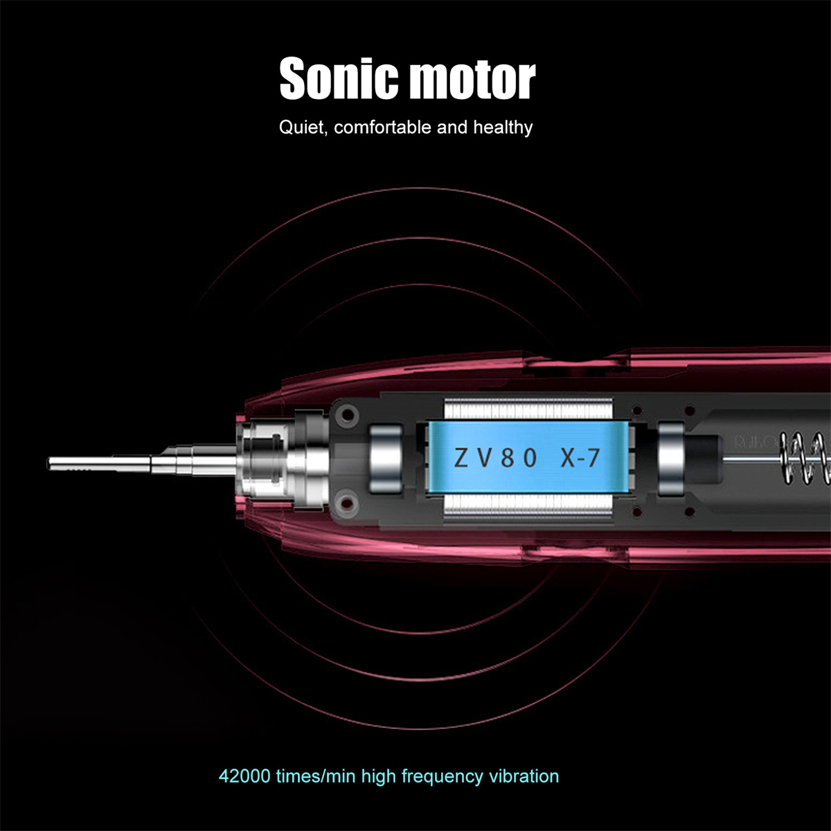 Querschnitt einer elektrischen Zahnbürste mit blauem Motor. Rosa Gehäuse und Text sind abgebildet.