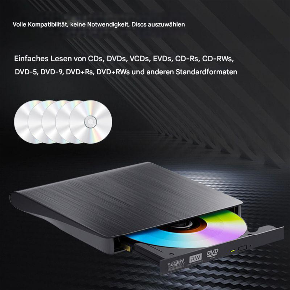 Ein CD-Laufwerk mit einer CD im Inneren. Text auf Deutsch: 'Einfaches Lesen von CDs, DVDs...'