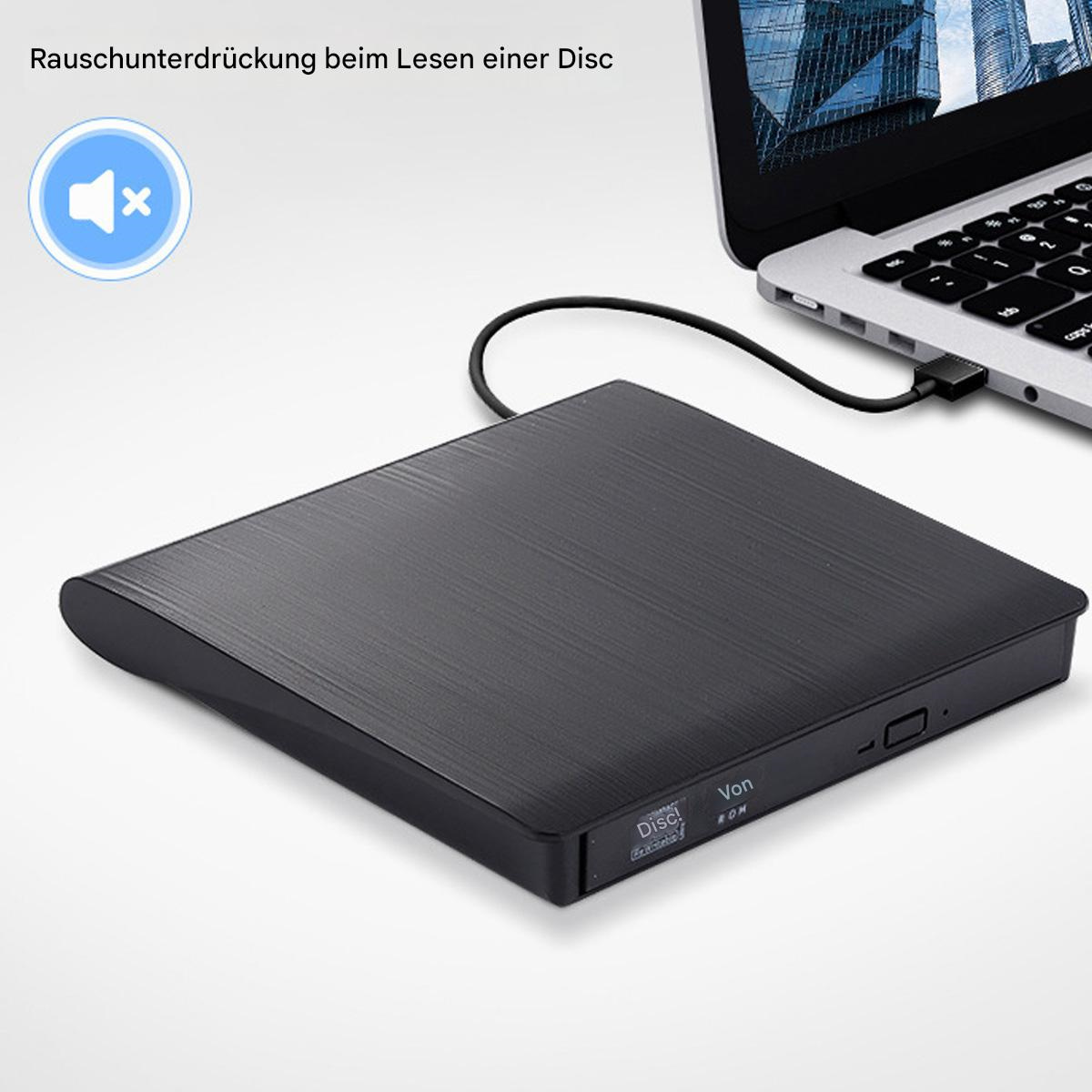 Ein schwarzes externes DVD-Laufwerk, das mit einem Laptop verbunden ist, Lärmreduktionssymbol.