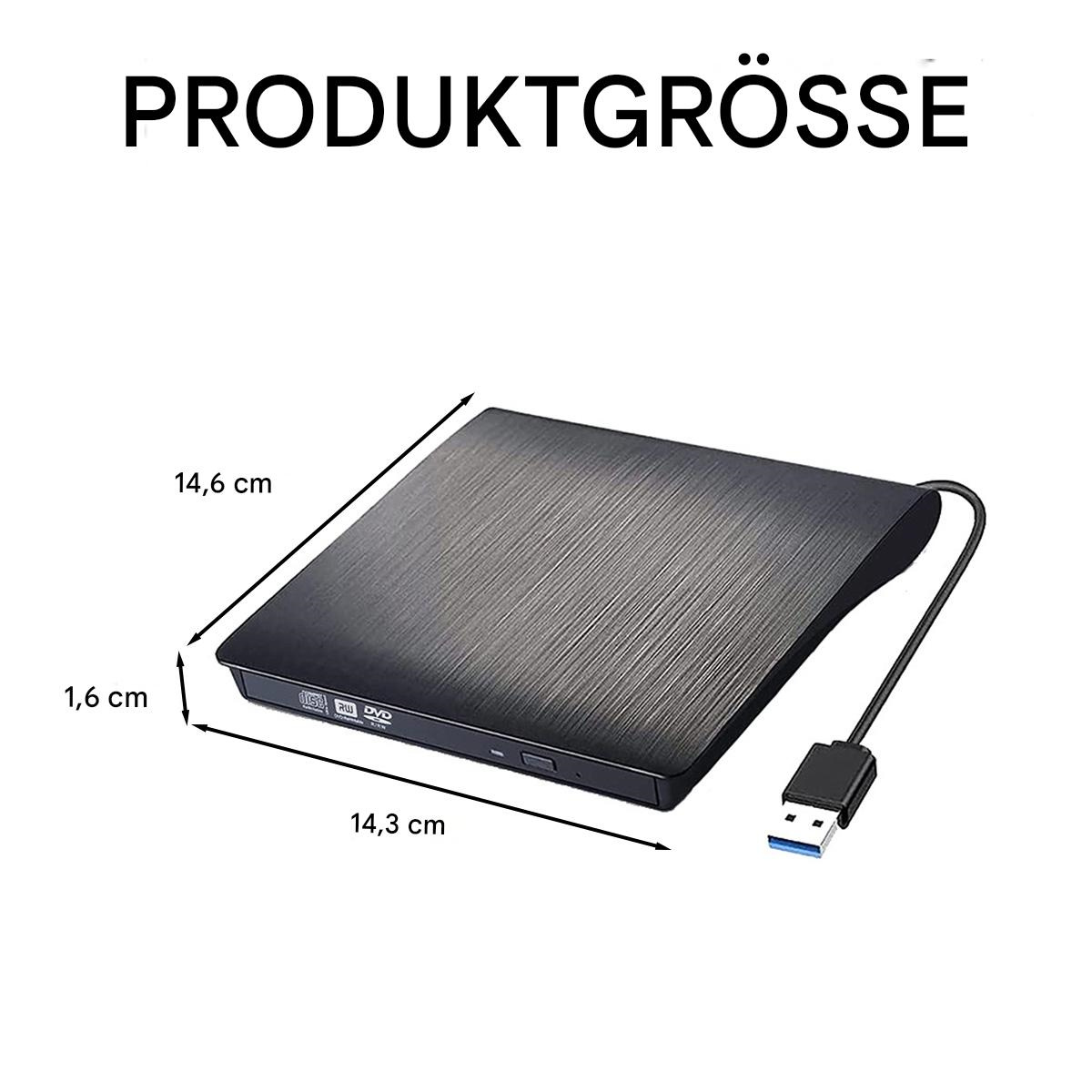 Schwarzes externes DVD-Laufwerk mit USB-Anschluss, Abmessungen: 14,6 x 14,3 x 1,6 cm.