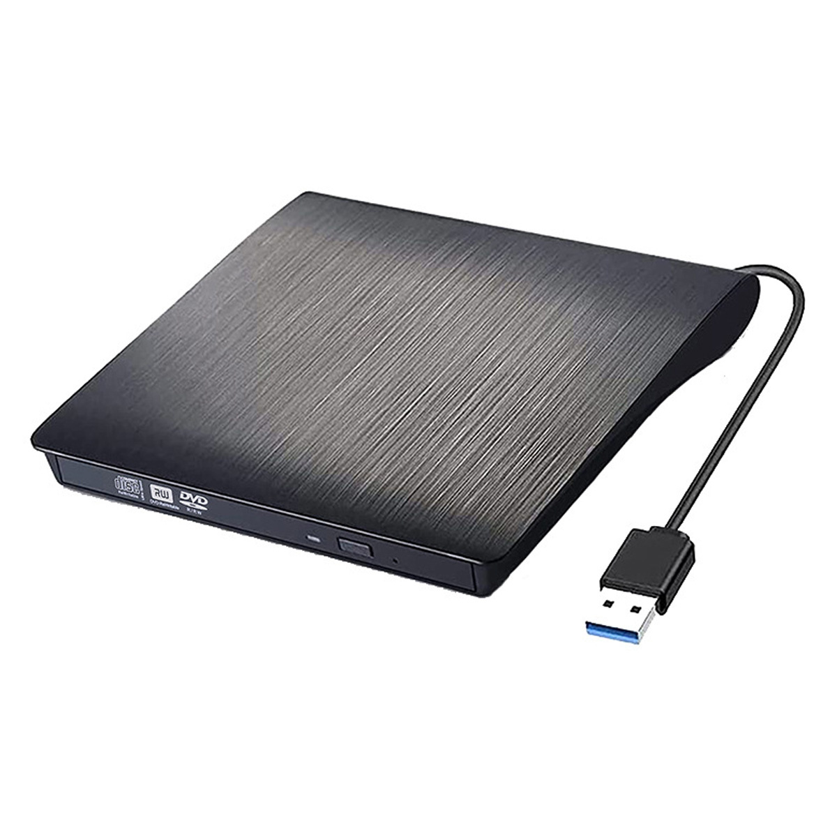Schwarzes externes DVD-Laufwerk mit USB-Kabel, weißer Hintergrund.