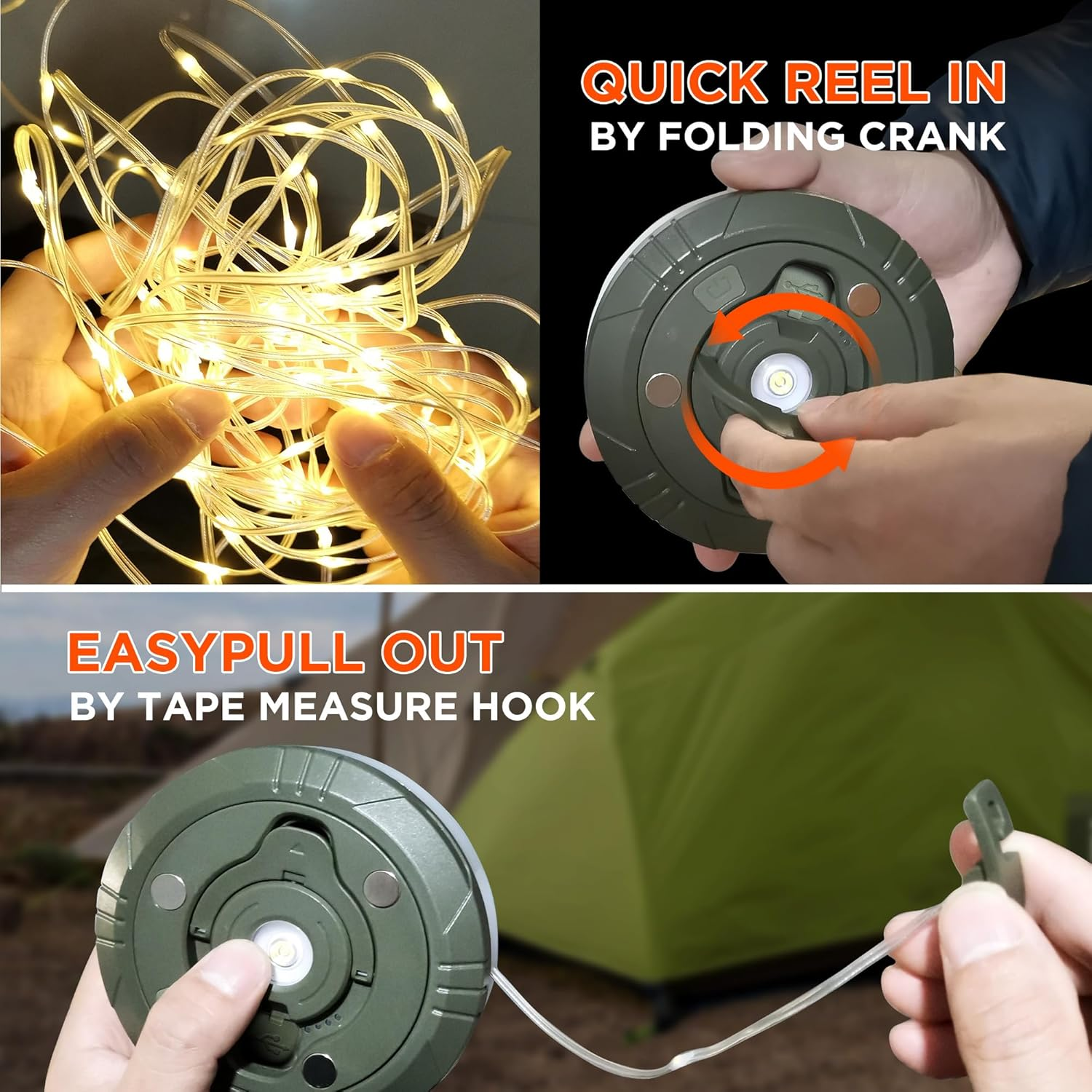 Nahaufnahme einer Campinglampe mit Lichterkette. Das Licht kann auf- und abgerollt werden.