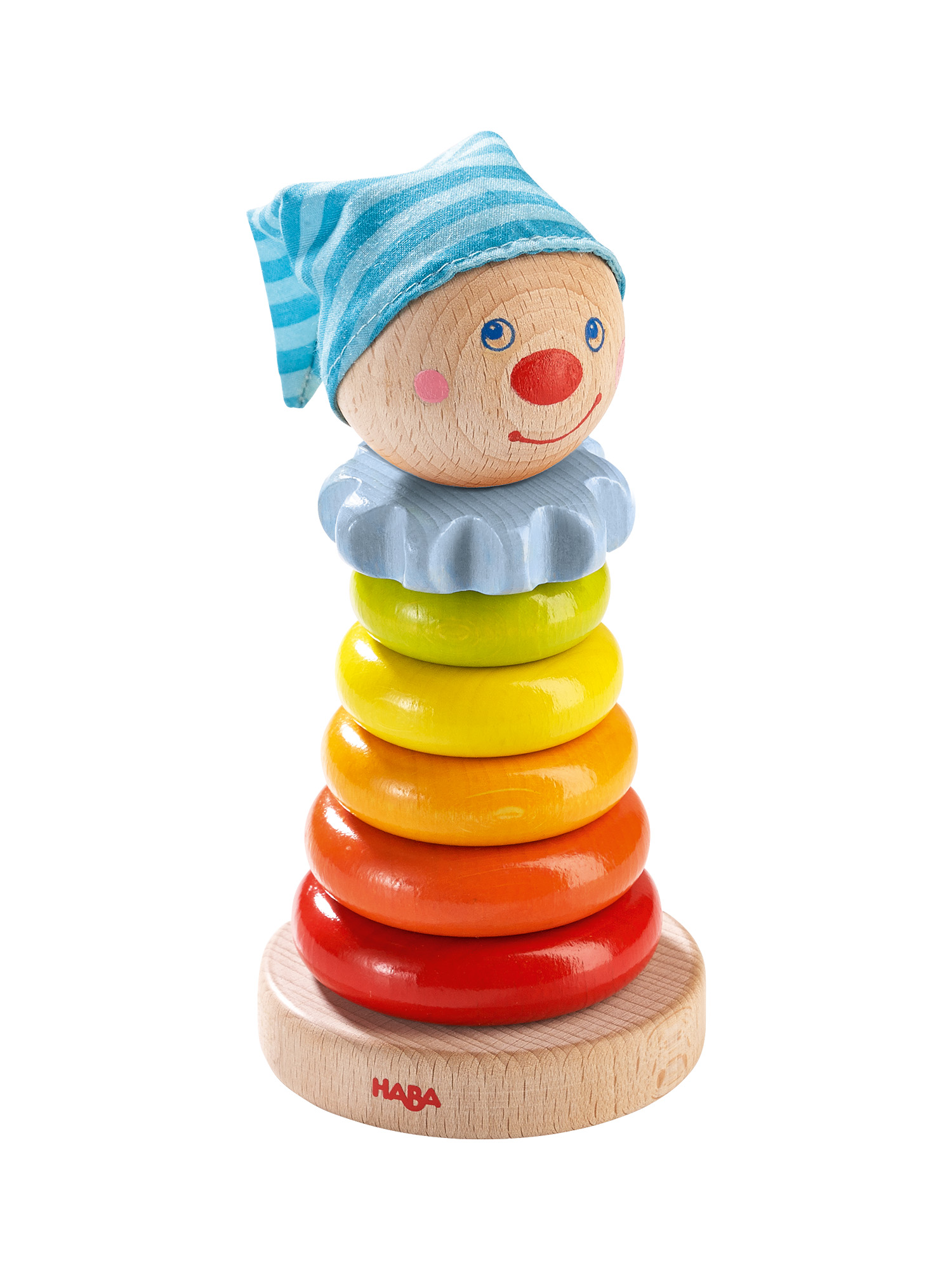 Ein Holz-Stapelspielzeug-Clown mit blauem Hut und mehrfarbigen Ringen. Die Basis ist ebenfalls aus Holz.